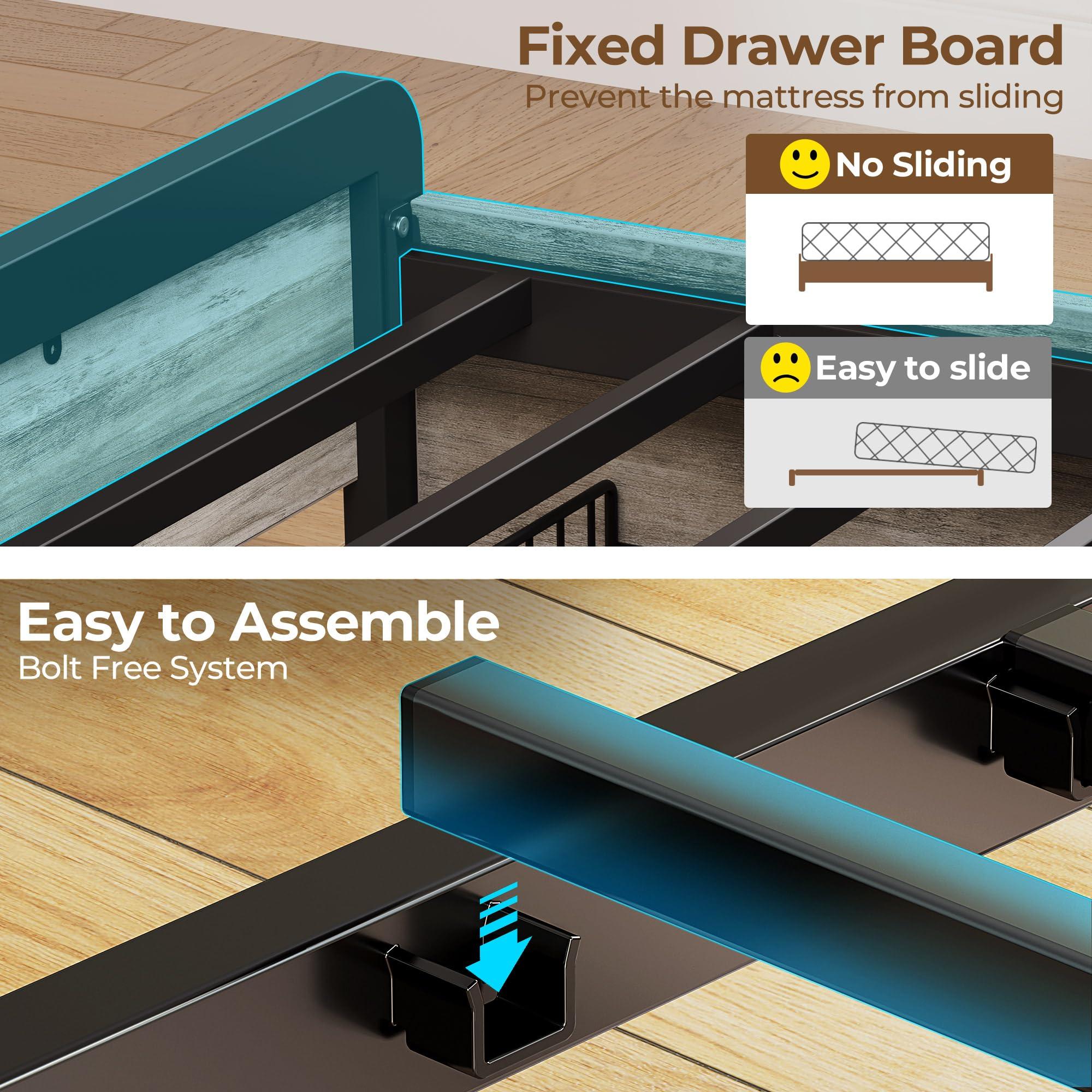 Rolanstar Rolanstar Bed Frame Full Size with Charging Station and LED Lights, Upholstered Storage Headboard with Drawers, Heavy Duty Metal Slats, No Box Spring Needed, Easy Assembly, Vintage Grey and Black