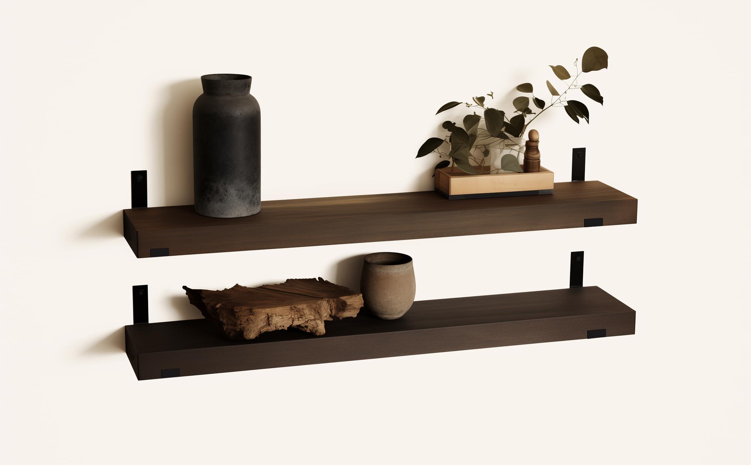 CONSDAN CONSDAN StoneCreek Floating Shelves, Solid Paulownia Wood, Burnt Wood Light Weight, Wall Shelves for Bedroom, Bathroom, Living Room, Kitchen,36x7.5x1.5 in,Set of 3