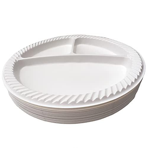 Tiger Chef Tiger Chef Round 10 inch Plastic 3 Compartment Divided Plates, 64-Pack, White, Disposable Dinner Picnic Party Plates Set, BPA-Free