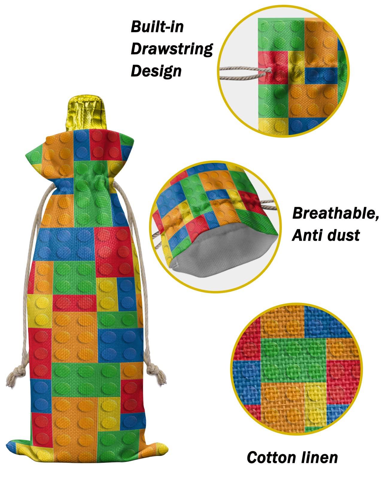 PIEPLE PIEPLE 10 Pack Wine Bottle Bags, Colorful Geometric Wine Bottle Cover with Drawstring, Gift Bag for Champagne, Wedding, Birthday, Christmas, Thanksgiving, Party Blue Orange Red Yellow Building Blocks