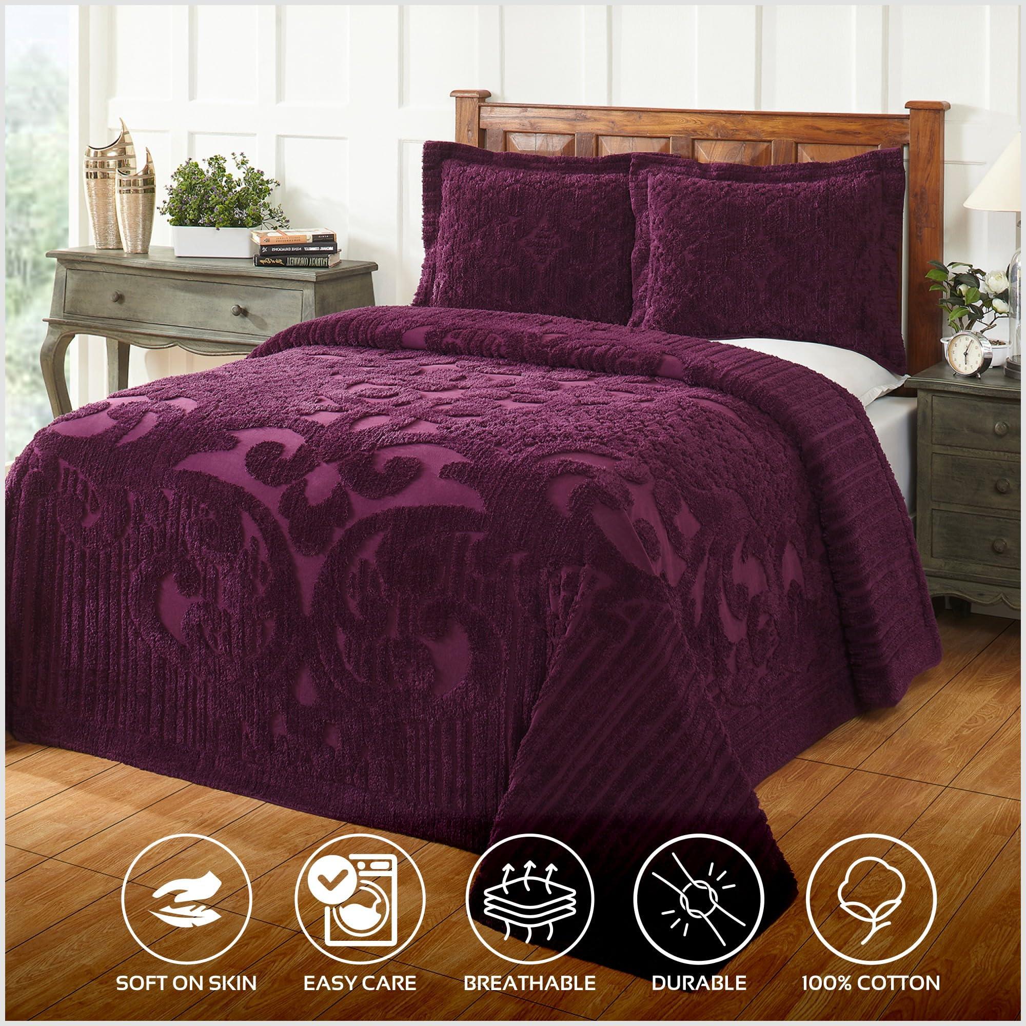 Better Trends Better Trends 1 Piece Bedspread 100% Cotton Chenille Bedspreads Coverlet Luxurious Medallion Pattern Bedspread Queen Size 102\" X 110\" Soft Lightweight Plum Tufted All Season Bedding Ashton Collection