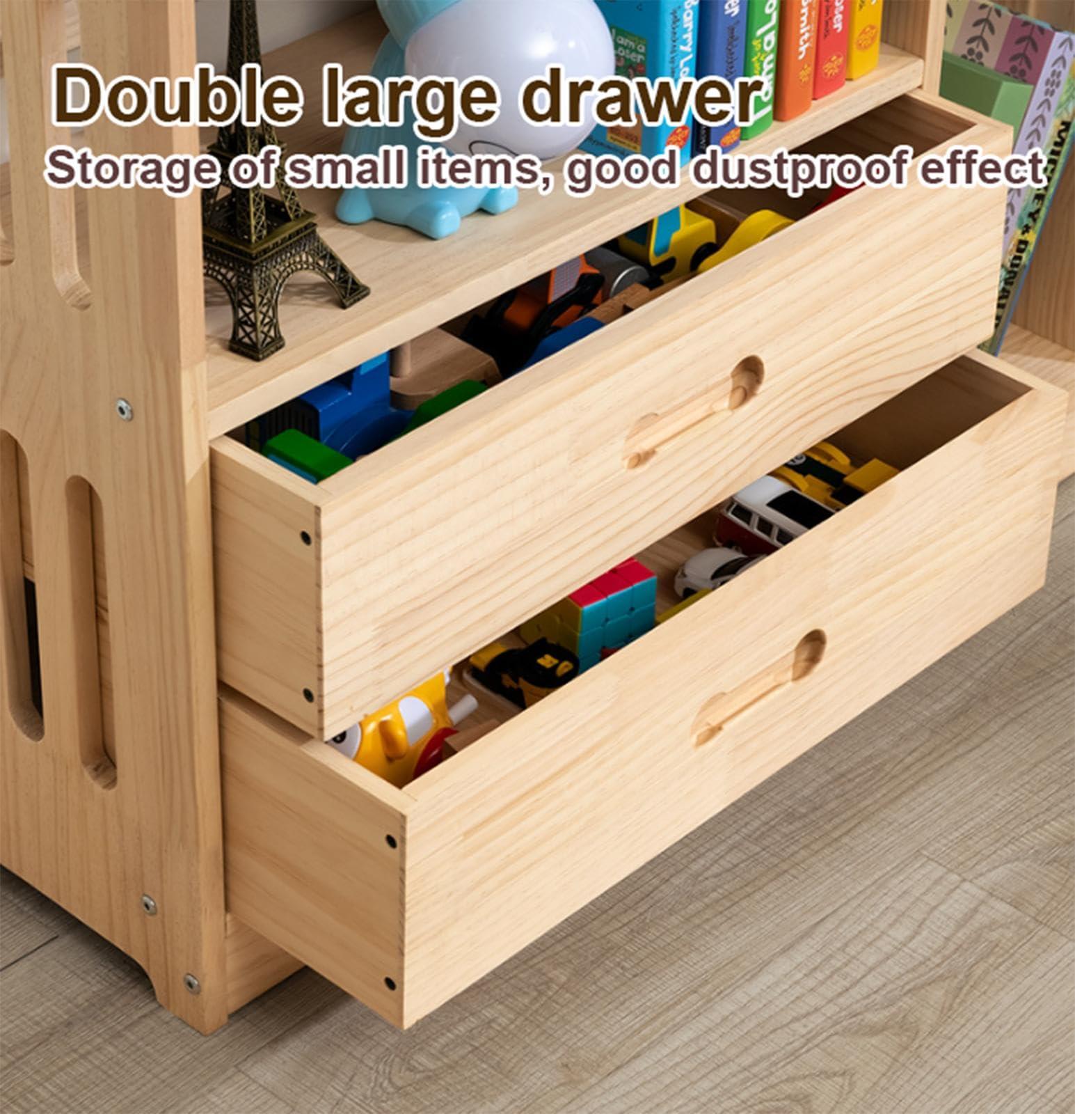 LOKORI LoKori Freestanding Bookshelf with 2 Drawers, Wood Natural Bookcase for Living Room, Home Office,Open Display Storage Shelf Organizer Shelves for Books CDs Plants,4Tier