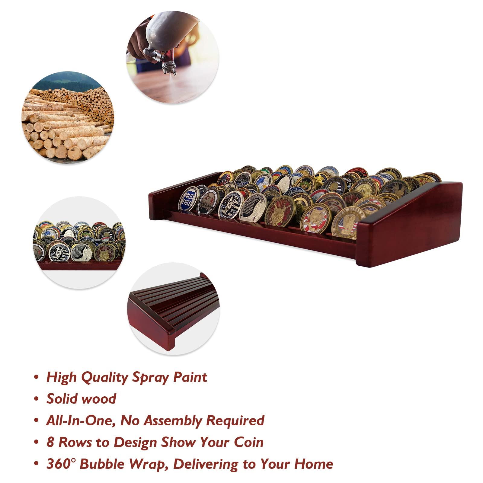 ASmileIndeep ASmileIndeep 8 Rows Military Challenge Coin Display Stand - Holds 60-70 Coins, Solid Wood Army Police Coin Rack Display Holder for Desktop, Mahogany