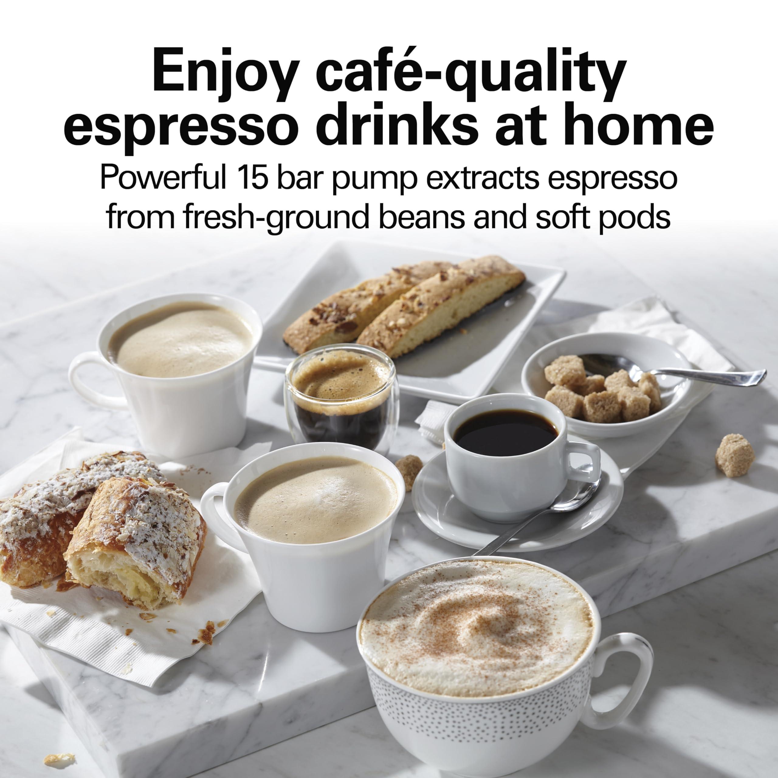 Hamilton Beach Hamilton Beach 15 Bar Espresso Machine, Cappuccino, Mocha, & Latte Maker, with Milk Frother, Make 2 Cups Simultaneously, Works with Pods or Ground Coffee, 50 oz. Water Reservoir, Black