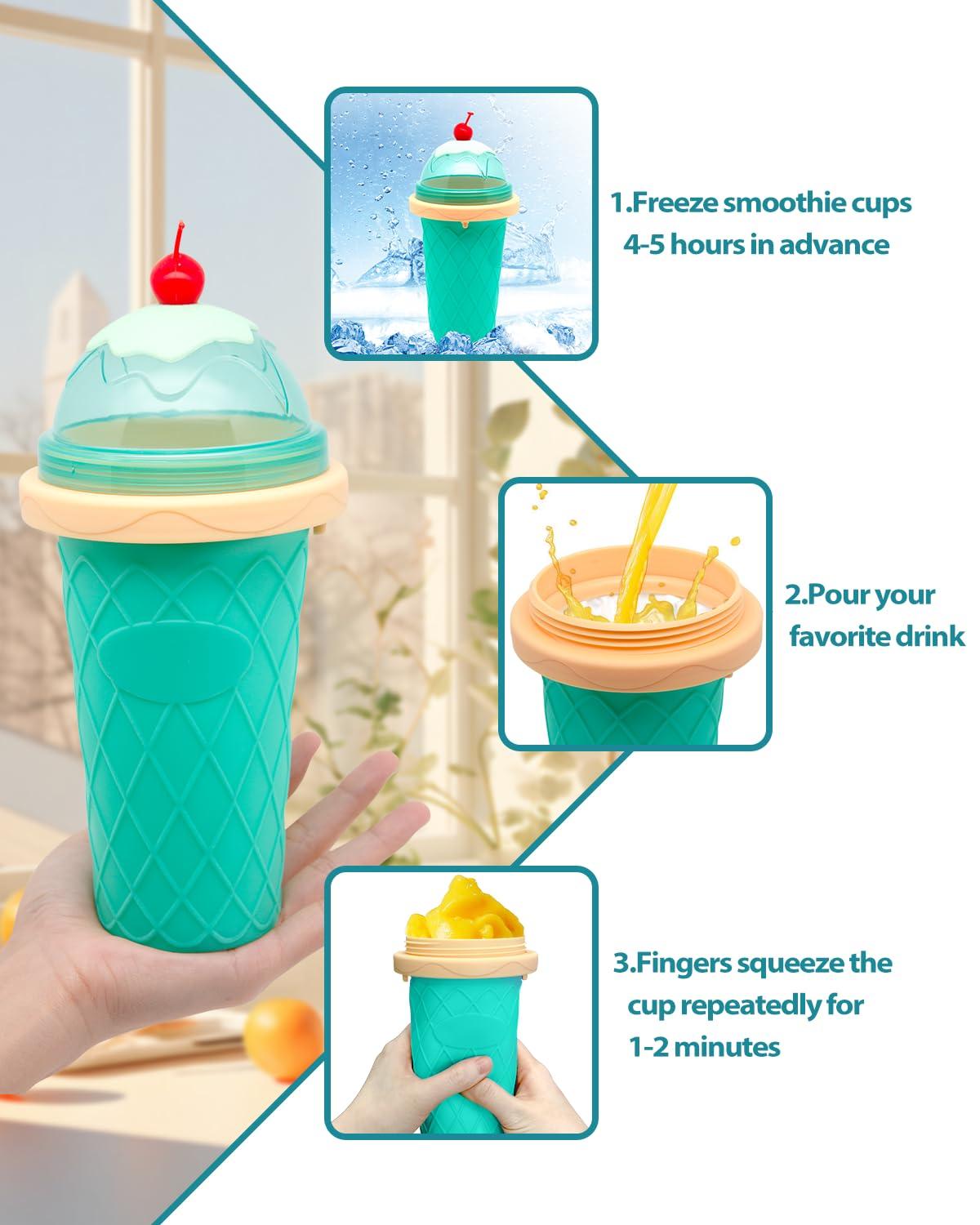 Bollove Slushie Cup, Smoothie Cups with Lids & Straws, Slushy Cup for Juices, Milk and Ice Cream Make, Portable Frozen Magic Slushie Cup Maker for Kids, Friends and Family (Green)