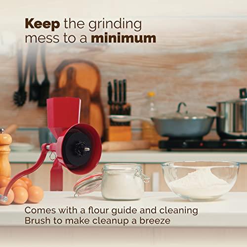 WONDERMILL WONDERMILL Manual Hand Grain Mill Red Wonder Junior Deluxe for Dry and Oily Grains - Kitchen Flour Mill, Grain Mill Hand Crank and Spice, Corn, Wheat Stone Mill Grinder