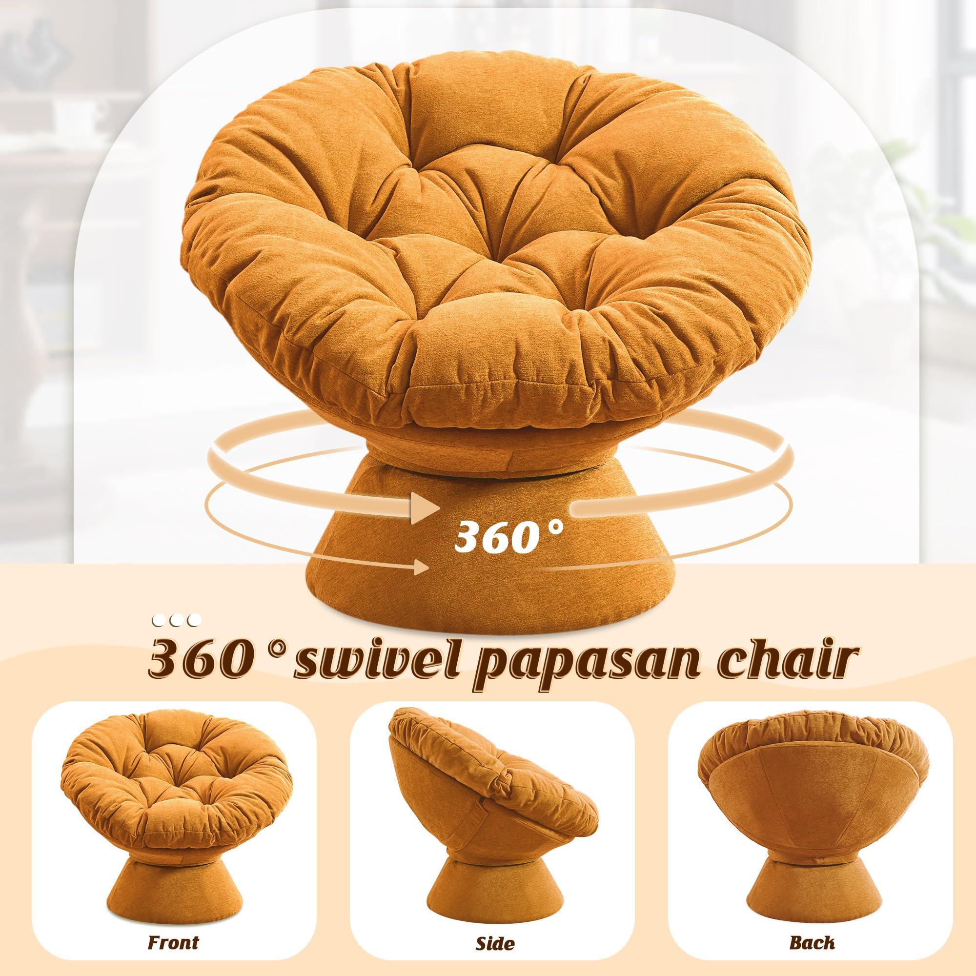 SLEERWAY Papasan Chair with Cushion and Frame, 360 Swivel Accent Chair, Comfy Chenille Upholstered Round Chair, Modern Oversized Reading Chair with Metal Base Lazy Chair for Bedroom, Living Room, Orange