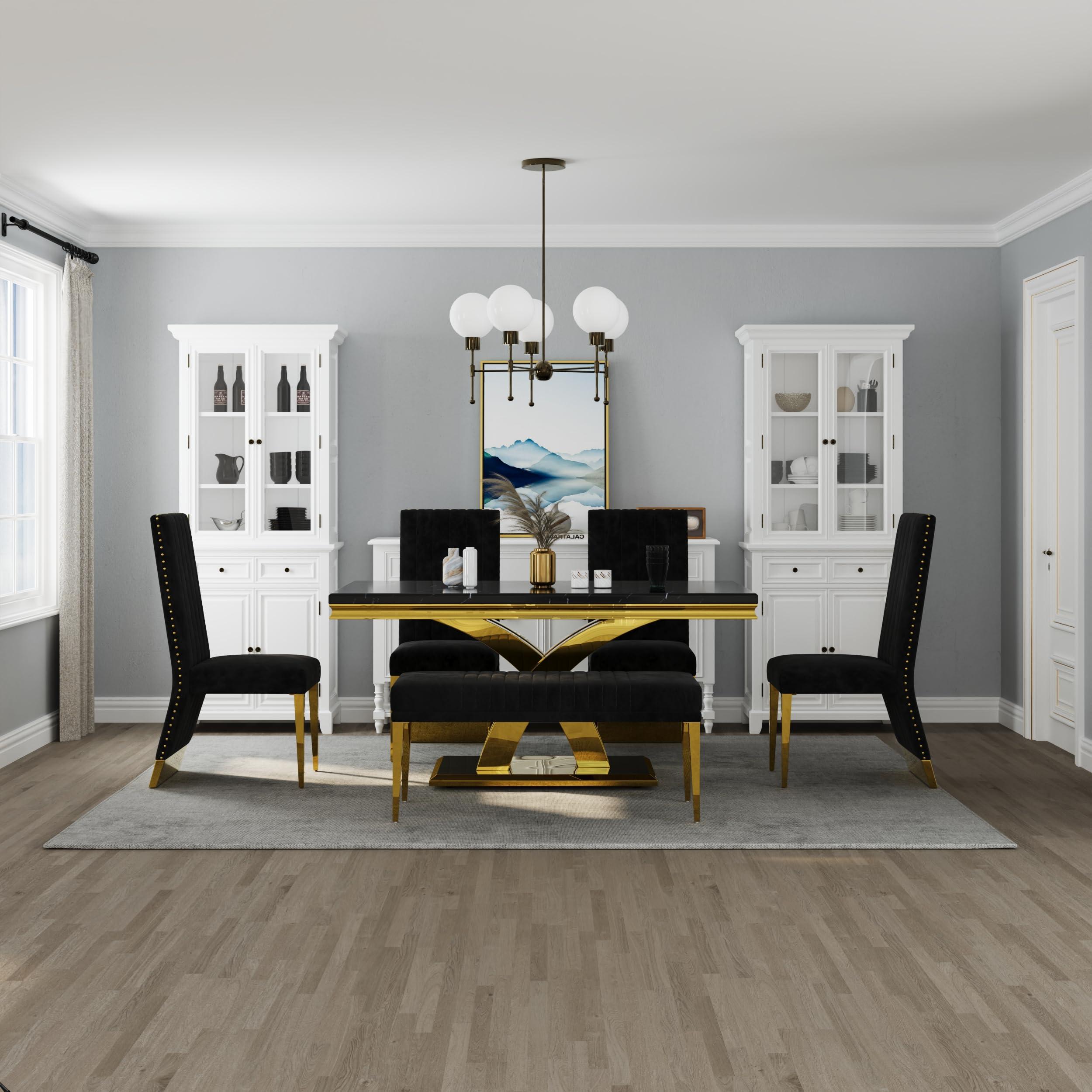 AUZ AUZ 44\" Bench, Black Velvet Upholstered Dining Room Bench, Vertical Channel Ottoman with Gold Stainless Steel Legs