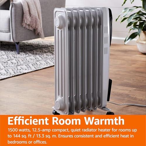 Amazon Basics Amazon Basics Oil Heater, Radiator Heater for Indoor Use, With Over-Heat Protection, 7 Oil-Filled Steel Fins, 3 Heat Settings, ETL-certified Safety, 1500W, White, 11"D x 14.8"W x 25.2"H