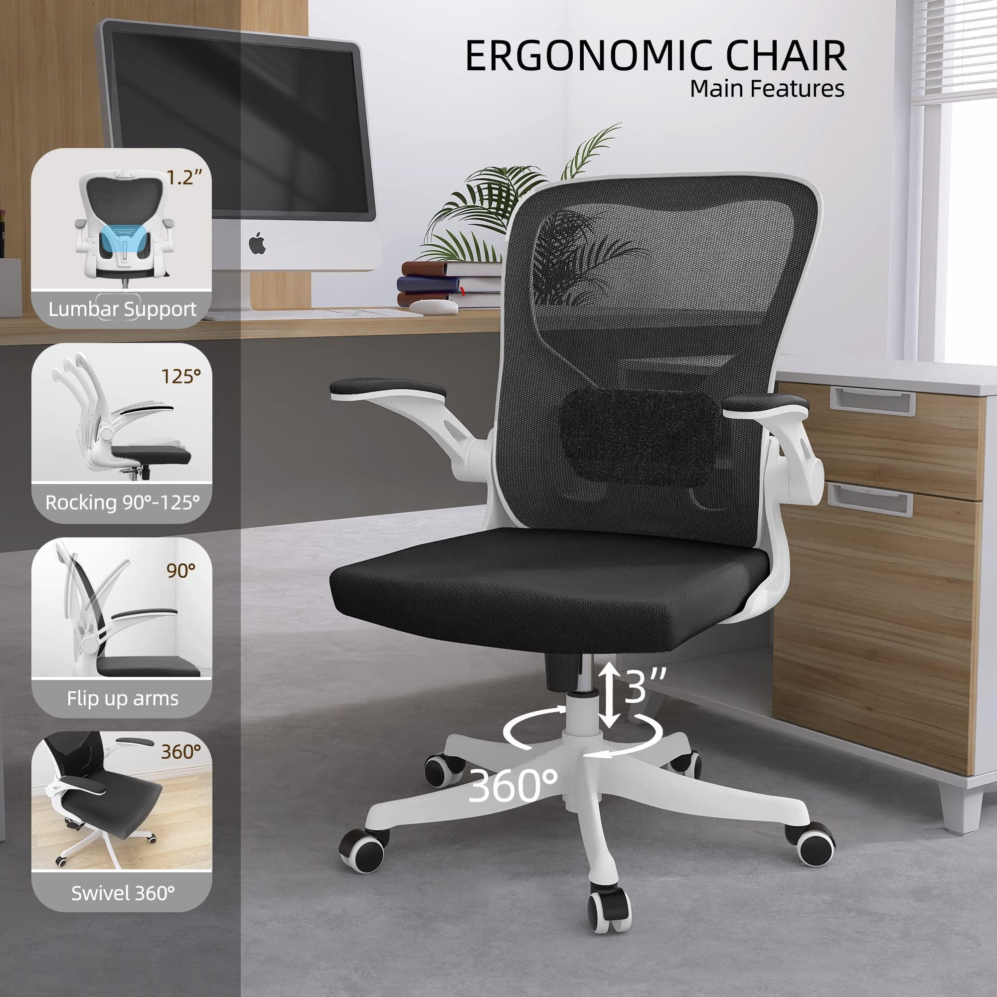 Monhey Monhey Office Chair - Ergonomic Office Chair with Lumbar Support & Flip Up Arms Home Office Desk Chairs Rockable High Back Swivel Computer Chair White Frame & Black Mesh Study Chair