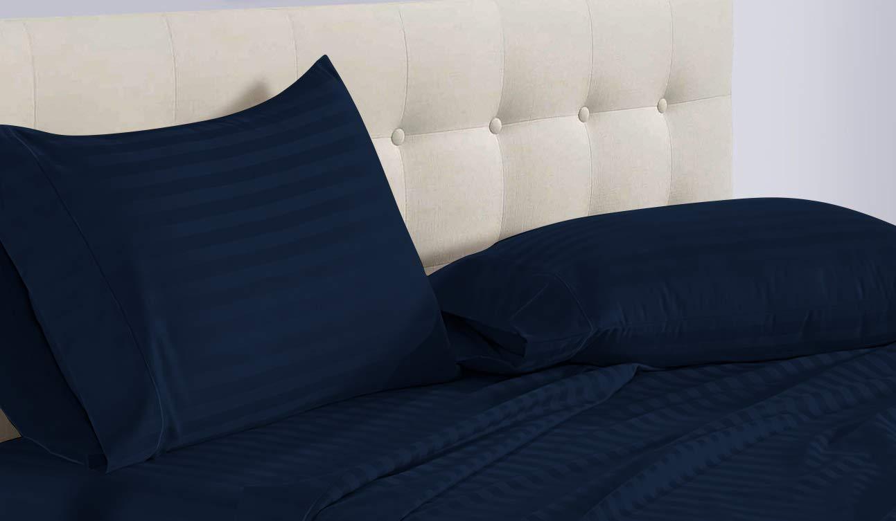 Aspire Linen Aspire Linen 100% Extra-Long Staple Heavy 1500-Thread-Count Egyptian Cotton 6-Piece Bed Sheets Set King Size Fits Upto 7-9 deep Pocket, Smooth Sateen Weave (Stripe, Navy Blue)