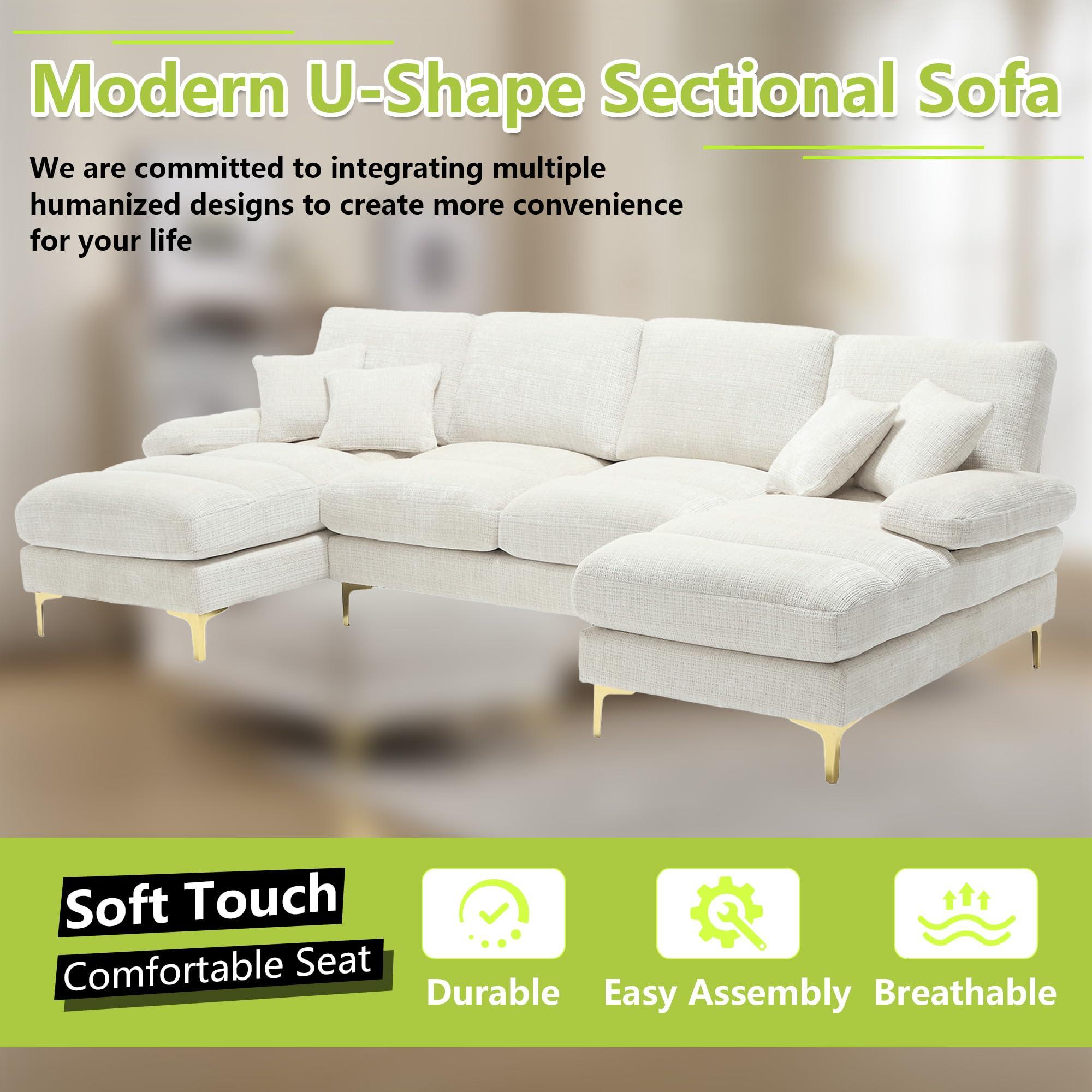STLVUEO STLVUEO U-Shape Modular Sectional Sofa Chenille Fabric, 4-Seater Living Room Couch with Double Extra-Wide Chaise Lounge, Reversible Sleeper Sofa with Throw Pillows - 114.17" for Living Room, Beige