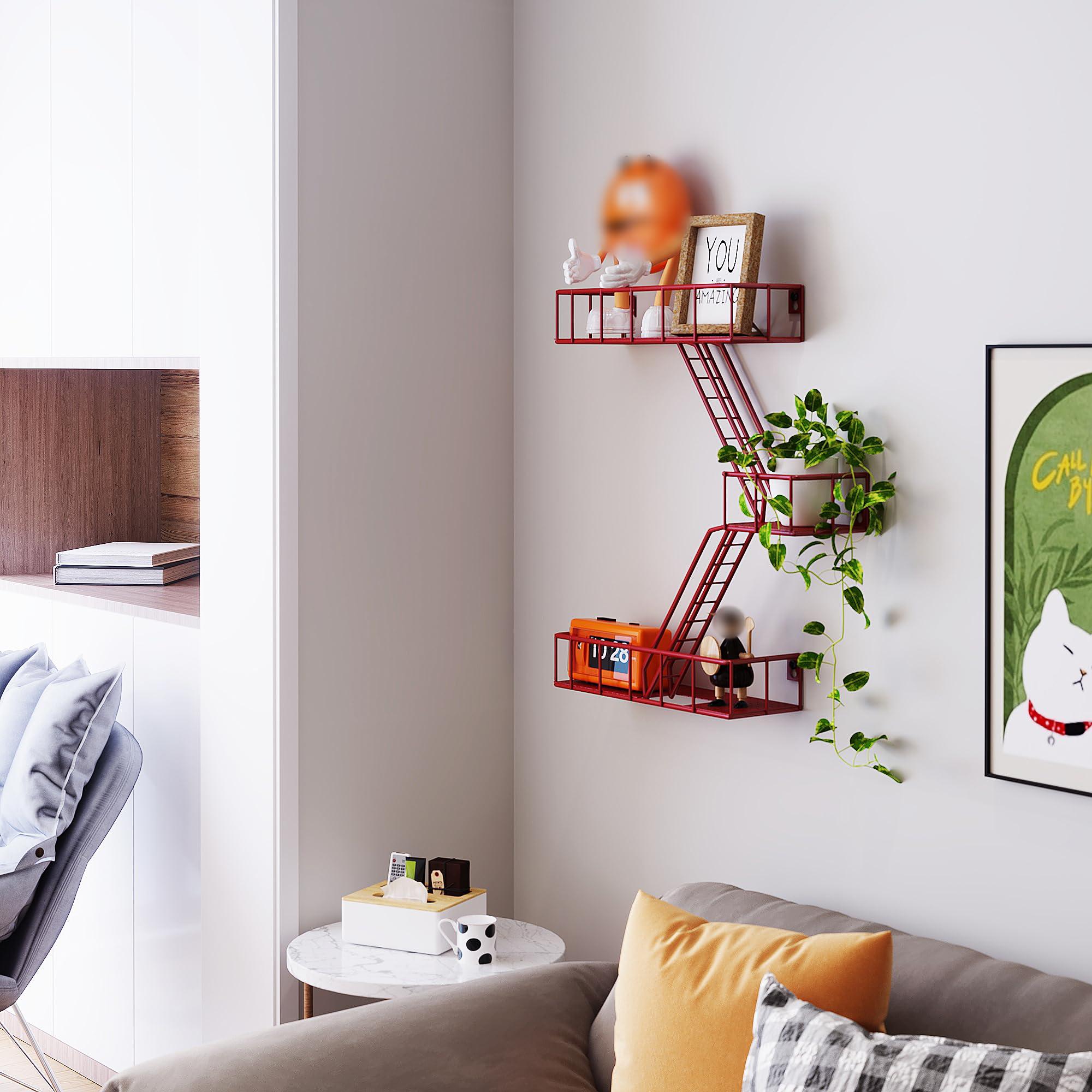 LUDORU Fire Escape Wall Shelf with Baskets, 3-Tier Metal Fire Escape Ladder Shelf Wall Organizer, New York Inspired Decorative Shelf, Red Floating Action Figurine Display Shelves for Bedroom, Home Dcor.