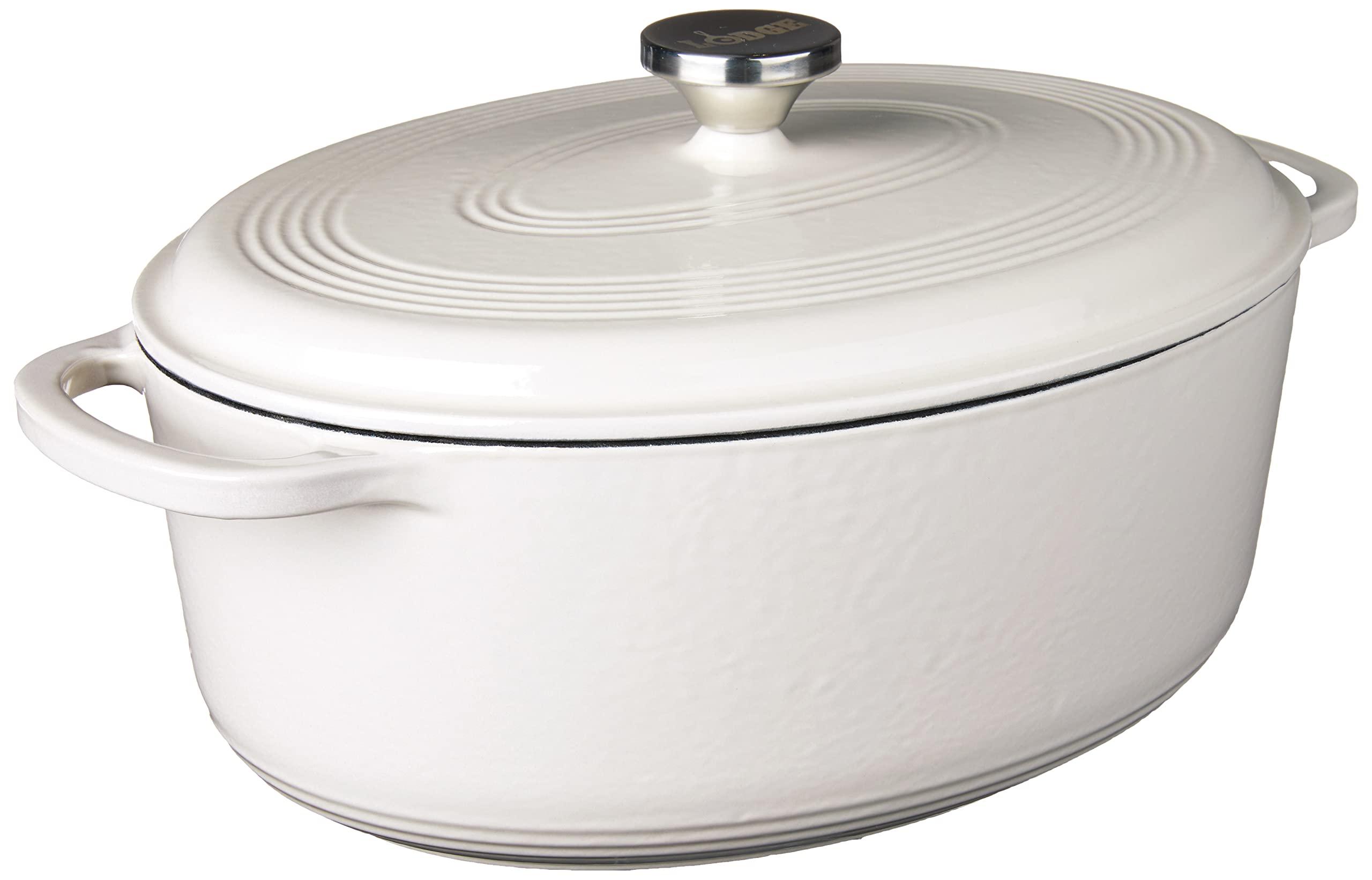 Lodge Lodge 7 Quart Enameled Cast Iron Oval Dutch Oven with Lid Dual Handles Oven Safe up to 500 F or on Stovetop - Use to Marinate, Cook, Bake, Refrigerate and Serve Oyster White