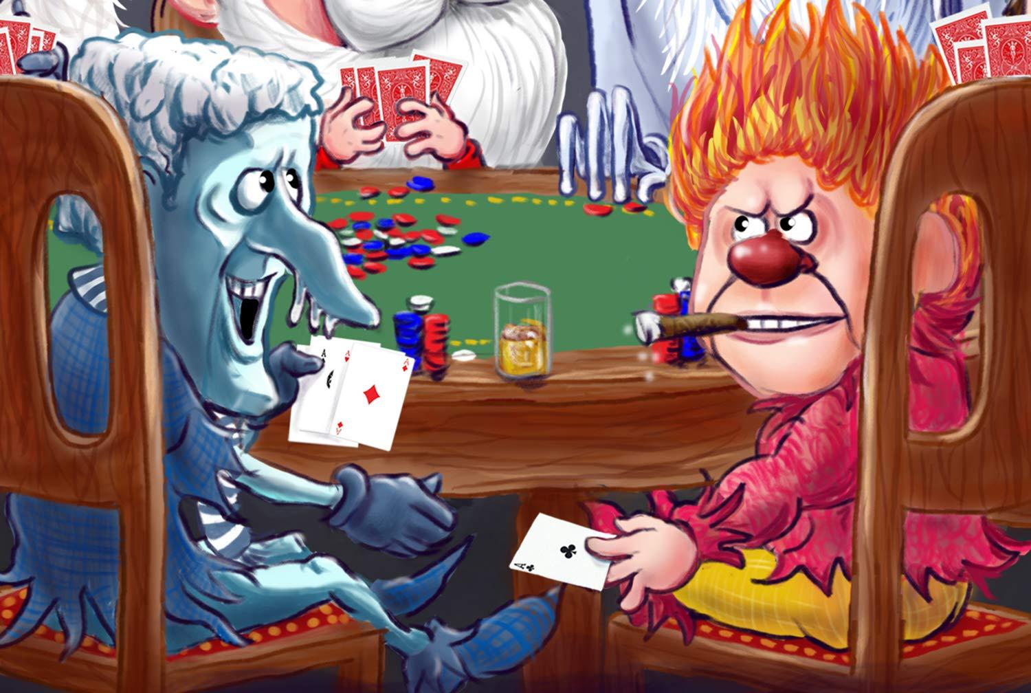 Generic Christmas Characters Playing Cards: Holiday Characters meet Dogs Playing Poker Cartoon Signed Print Wall Art, Southworth Heavy Linen Paper