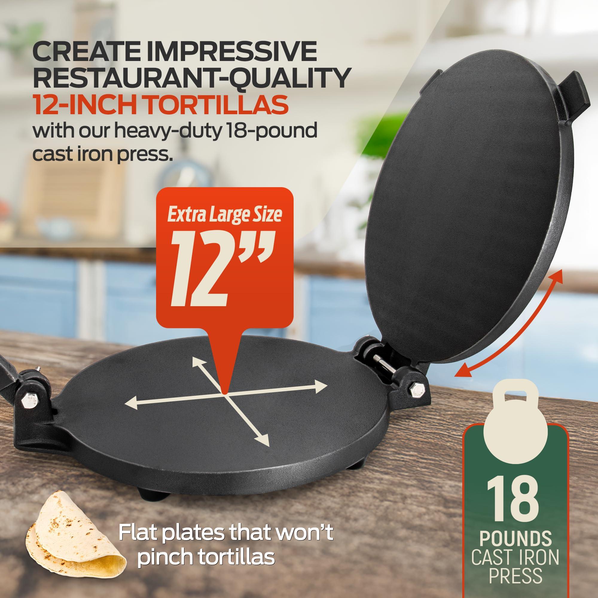 SIRCLES SIRCLES Tortilla Press 12 Inch Cast Iron - Extra Large, Heavy Duty 12 Inch Tortilla Press - Ebook Tortilla recipes - 5 Non-Slip Rubber Feet - Pre-Seasoned - Prensa Para Tortillas De 12 Pulgadas Grande