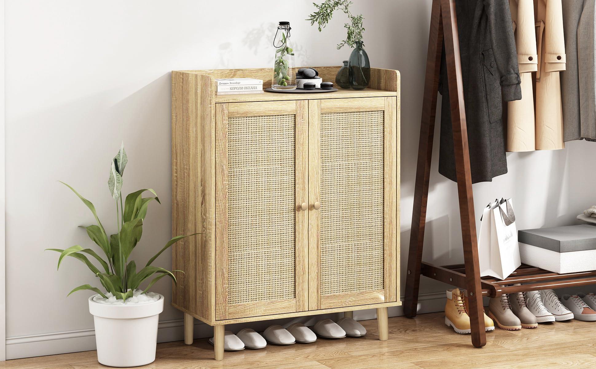 IANUE IANUE Shoe Cabinet - Rattan Shoe Cabinet for Entryway, Shoe Storage Cabinet with Adjustable Shelves, Farmhouse Freestanding Wood Shoe Rack Organizer for Closet, Living Room, Hallway