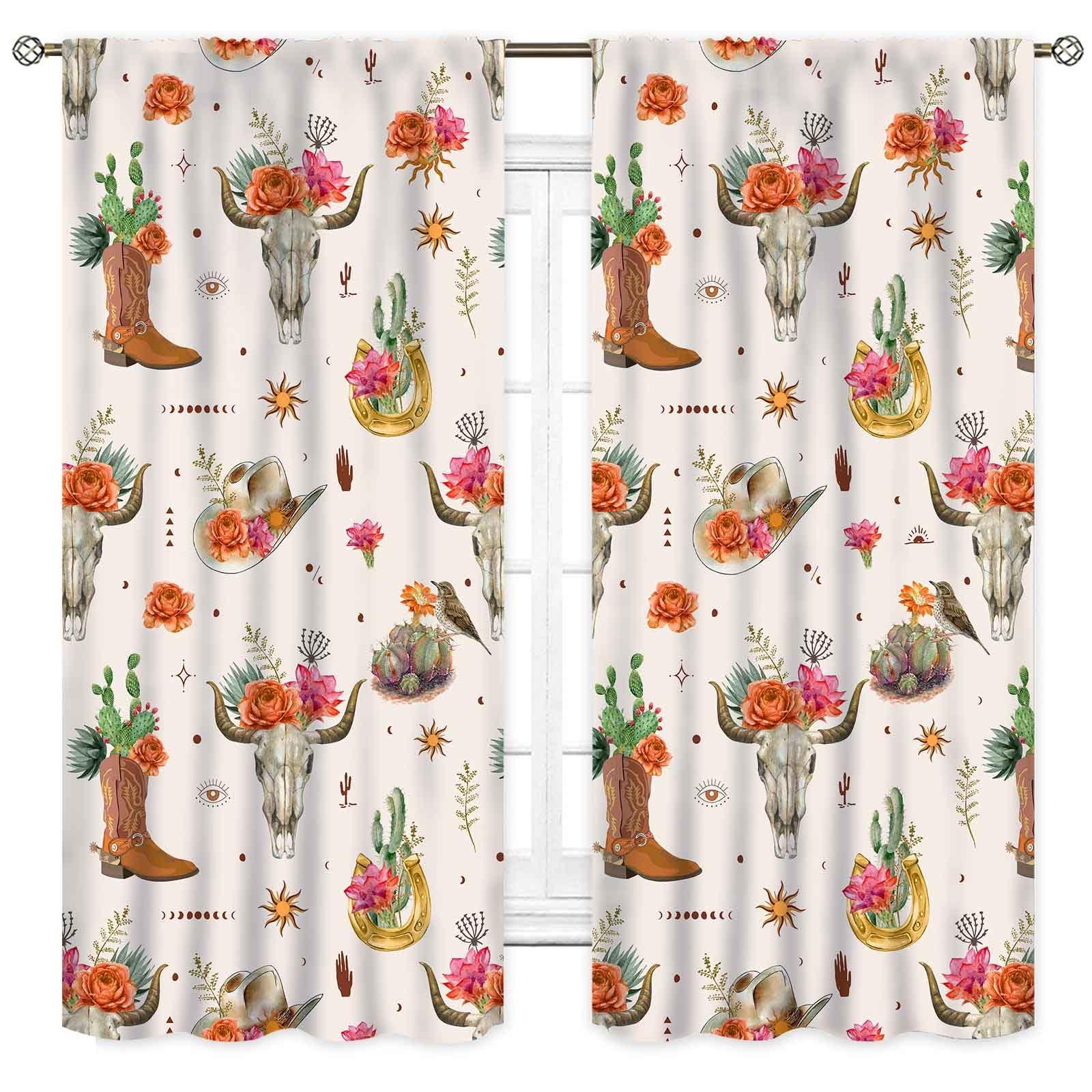 TKUYO TKUYO Western Curtains for Bedroom, Southwest Rustic Floral Bull Skull Cactus Cowboy Aesthetic Cow Print Farmhouse Country Boho Window Drapery for Living Room Kitchen Home 2 Panels Set, 84"x84" Inch