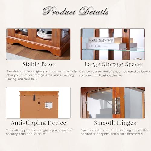 CKEASEAN CKEASEAN Curio Cabinet 71" Lighted Glass Display Cabinet, Wooden China Cabinet with 6 Adjustable Shelves, Tempered Glass Doors, Light Bulb Included, Rack for Living Room (Dark Oak)