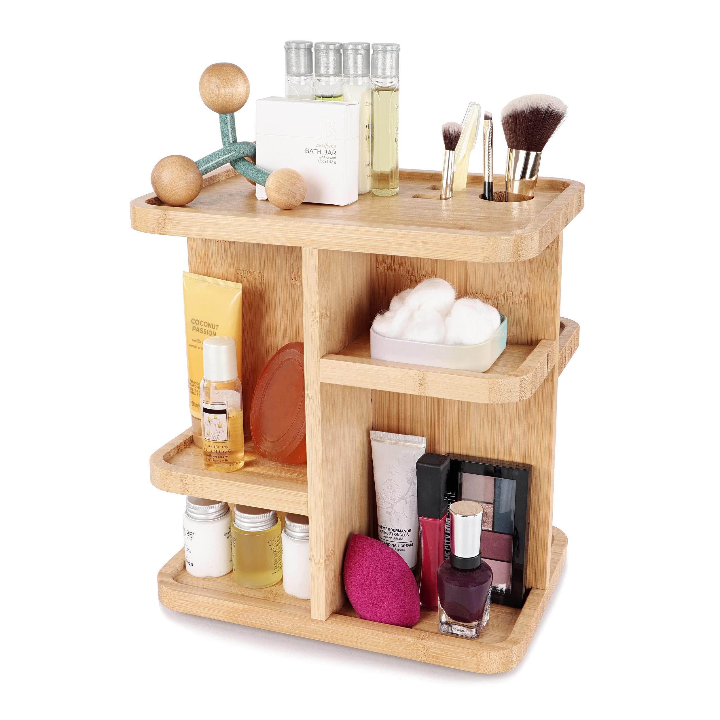 7Penn 7Penn Bathroom Cosmetic Organizer Countertop Rotating Makeup Display - 11in Bamboo Bathroom Tower Shelf 2 Tier Organizer