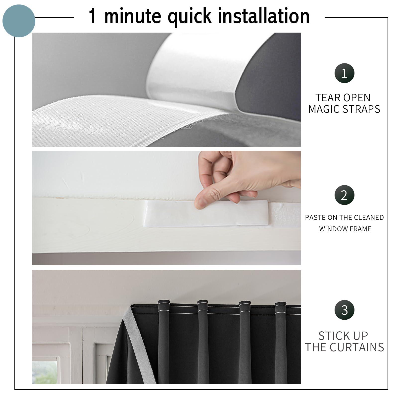 Jilron Jilron Magic Tape Stick on Curtains Blackout Curtains for Bedroom no Drillng Self Adhesive Curtain no Rod Small Window (Black, 35" W x 59" L) 2 Panels