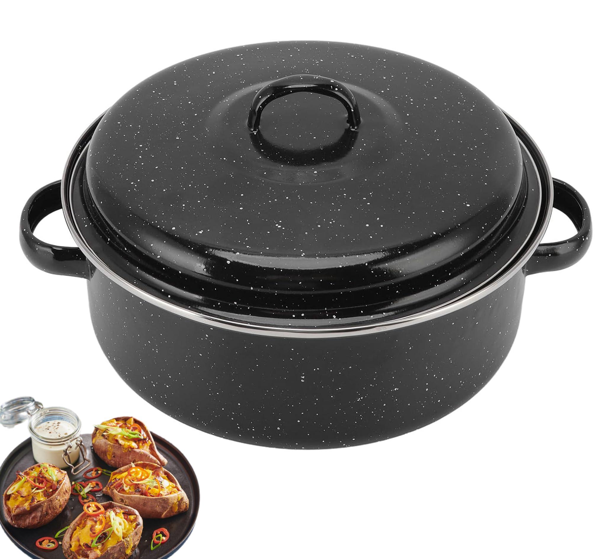 lvifloae Roasting Pan with Lid Round Roaster Speckled Black Enamel on Steel Circular Spot Finish Non Stick Pot 28cm For Household Kitchen 2.5 lb. CapacityThe bottom has exhaust holes