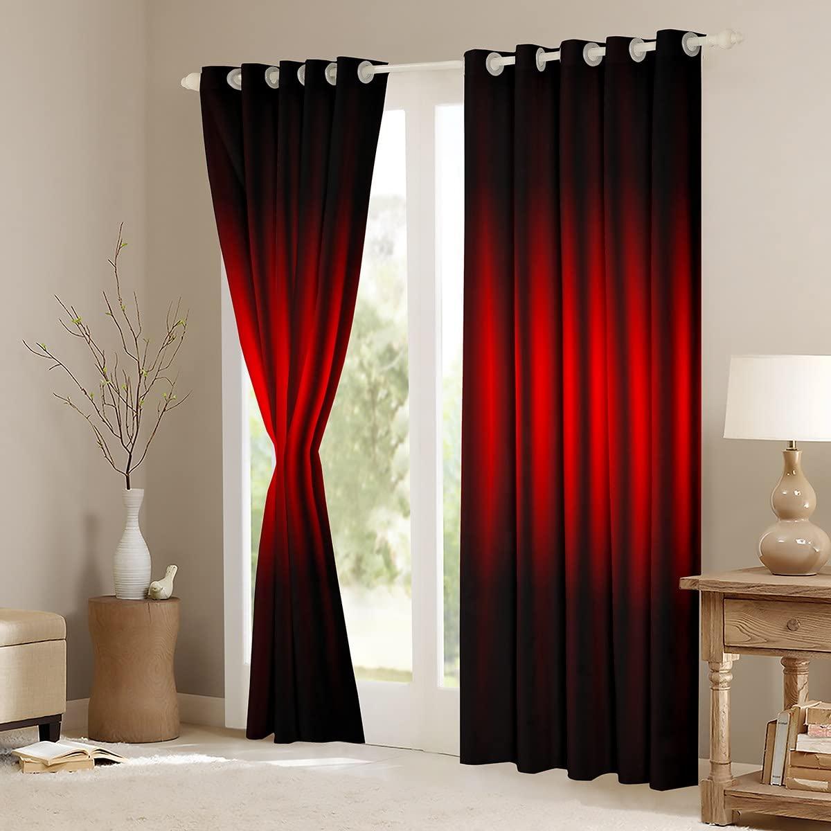 Homewish 3D Abstract Ombre Window Curtain Red Black Curtains for Kids Teens Adults Bedroom Decor Modern Geometric Stripes Window Treatment Curtain Soft Polyester Window Drapes,Top 2 Panel,52Wx90L