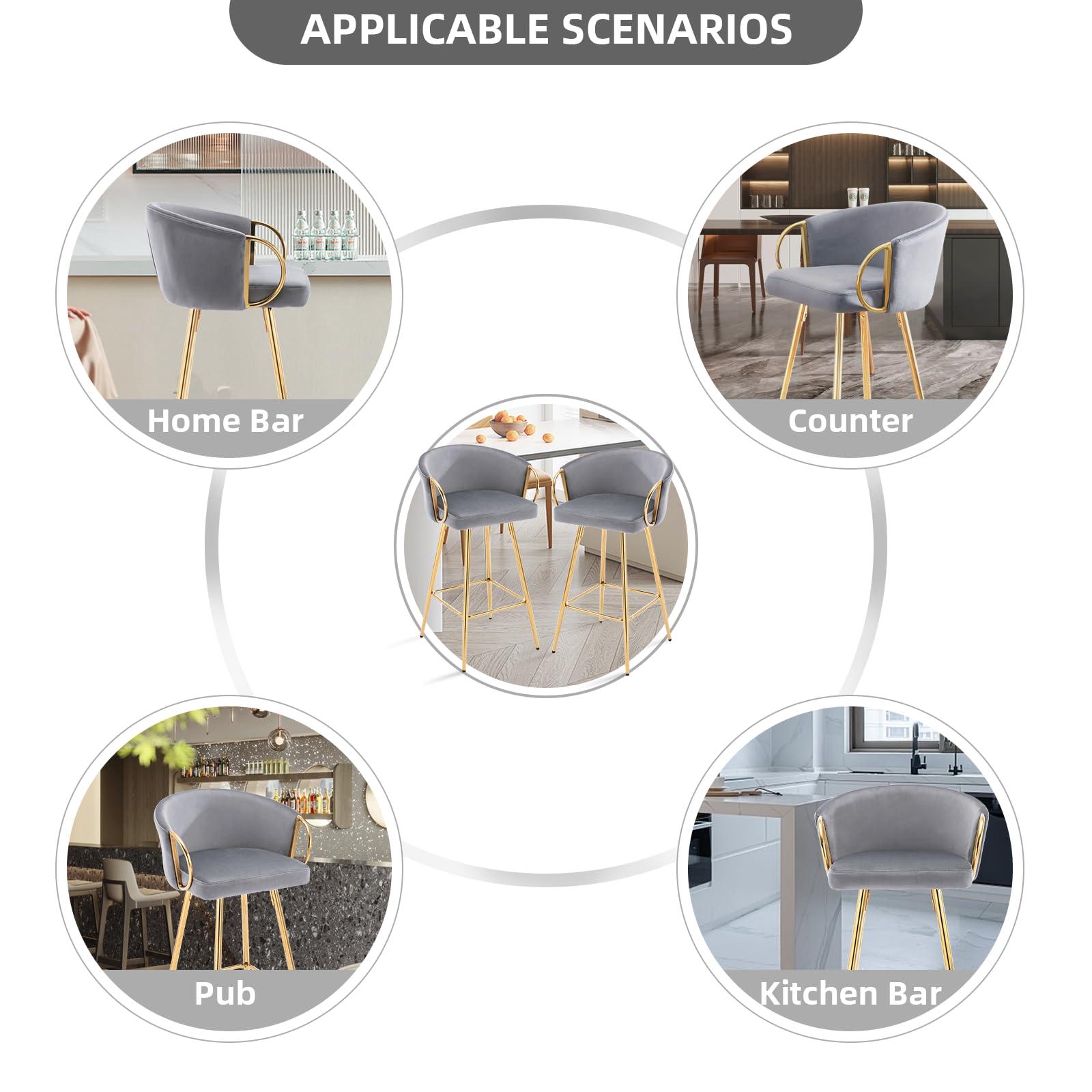 binzida binzida Bar Stools Set of 4, 26 Inch Counter Height Bar Stools Velvet Low Back Chair with Golden Armrest for Kitchen Island/Home Bar/Dining Room (Gray)