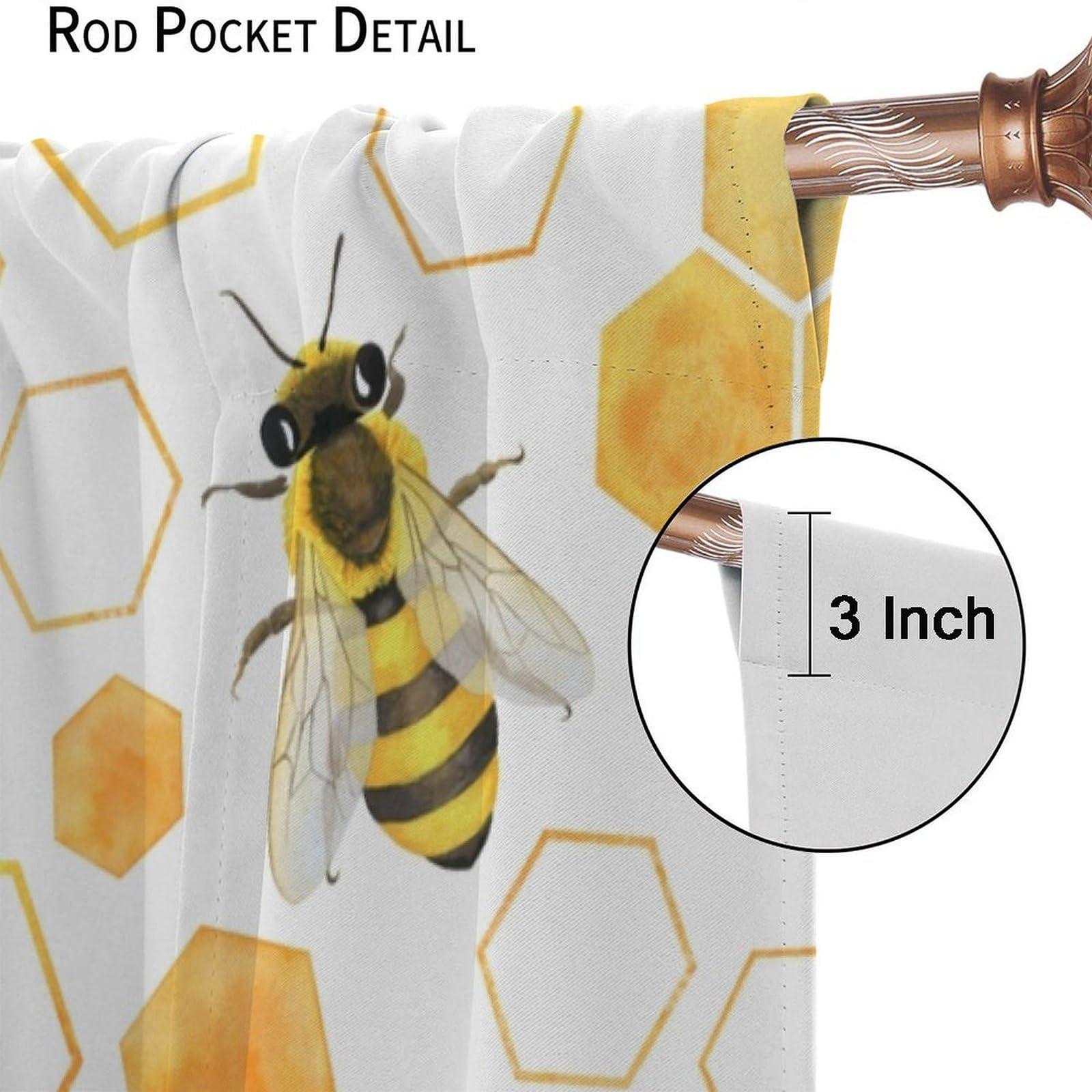 PHTAYOT Honey Bee Curtains, Bumble Bee Along Honey Comb Hexagonal Sunflower Print for Kids Boys Girls Room Decor, Rod Pocket Blackout Window Drapes for Bedroom Living Room Kitchen21 W X 63\" L