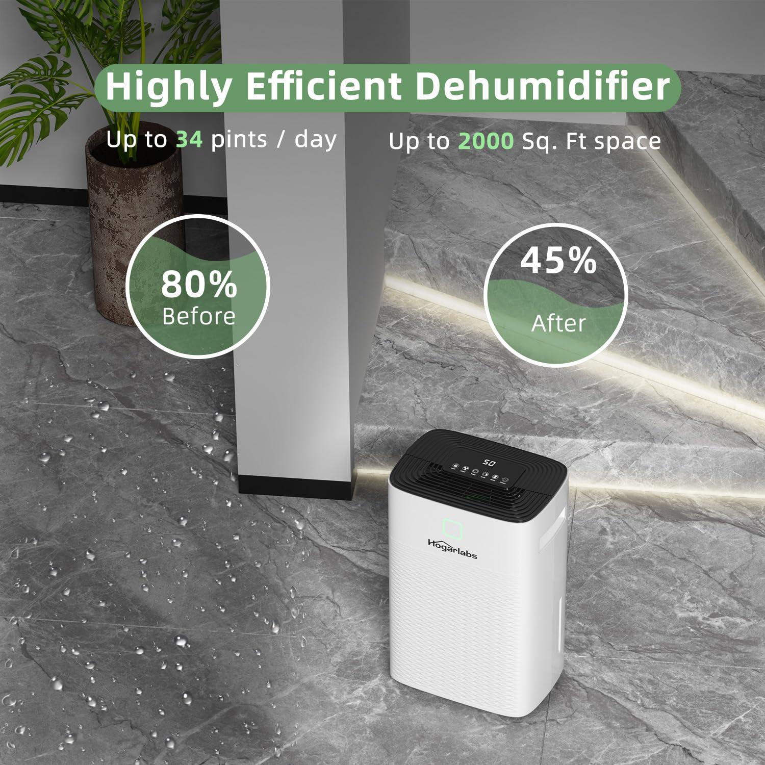 HOGARLABS HOGARLABS 34 Pint Dehumidifiers for Home Basements, with 3 Working Modes, Overflow Protection, and Auto Shut off Restart. Ultra Silent Dehumidifier with Drain Hose, Intelligent Humidity Control