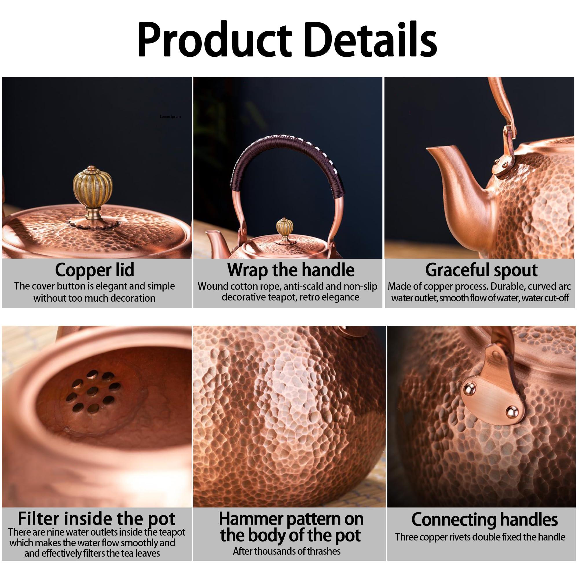 IULAVP Copper Tea Kettle for Stovetop: Handmade Solid Copper Pot without Coating, Extra Thick Stove Top Tea Kettle Teapot, Hammered Teapot for Stovetop (1420ML)