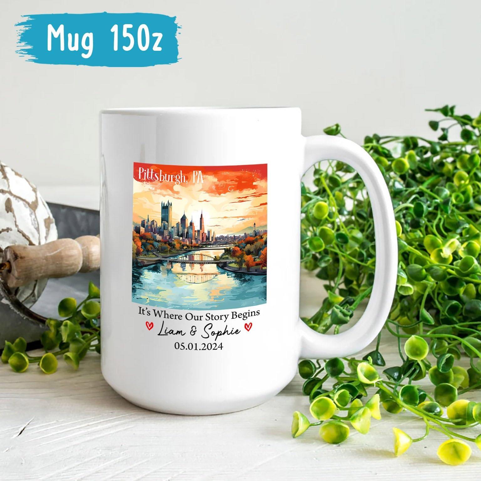 Cenluxy Personalized Pittsburgh Pennsylvania USA Coffee Mugs For Travel Lovers, It\'s Where Our Story Begins in Pittsburgh PA Ceramic Cup, Pittsburgh Lover Mug Gift, Custom Name Text Pittsburgh Porcelain Mug