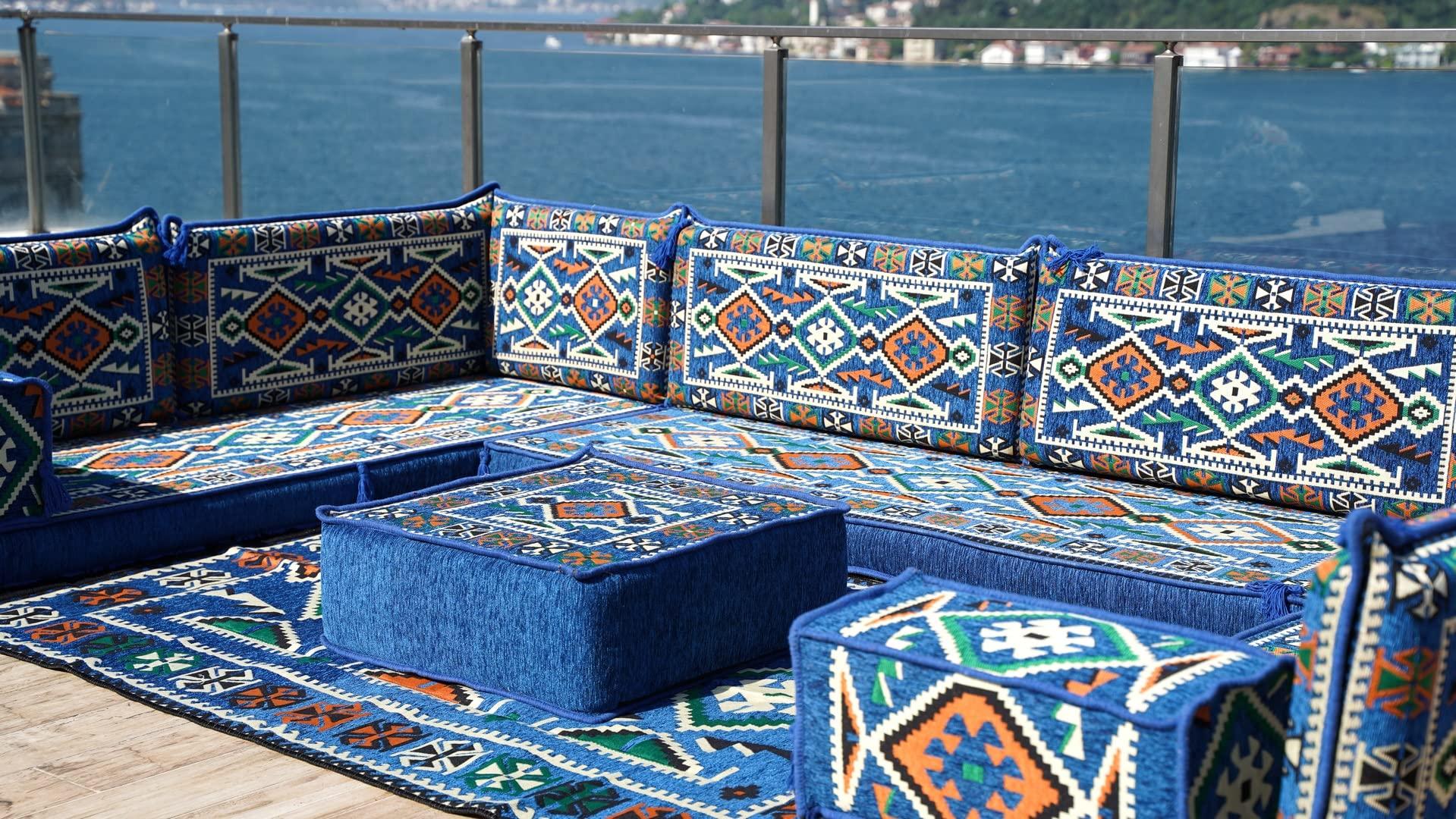 arabicsofa Arabic Sofa, Moroccan Sofa, Modular Cushion, Blue Garden Sofa Set, Bench Pillow Set, Corner Sofa Set, Bohemian Furniture, Floor Cushion Set (U Sofa + Rug + Ottoman)