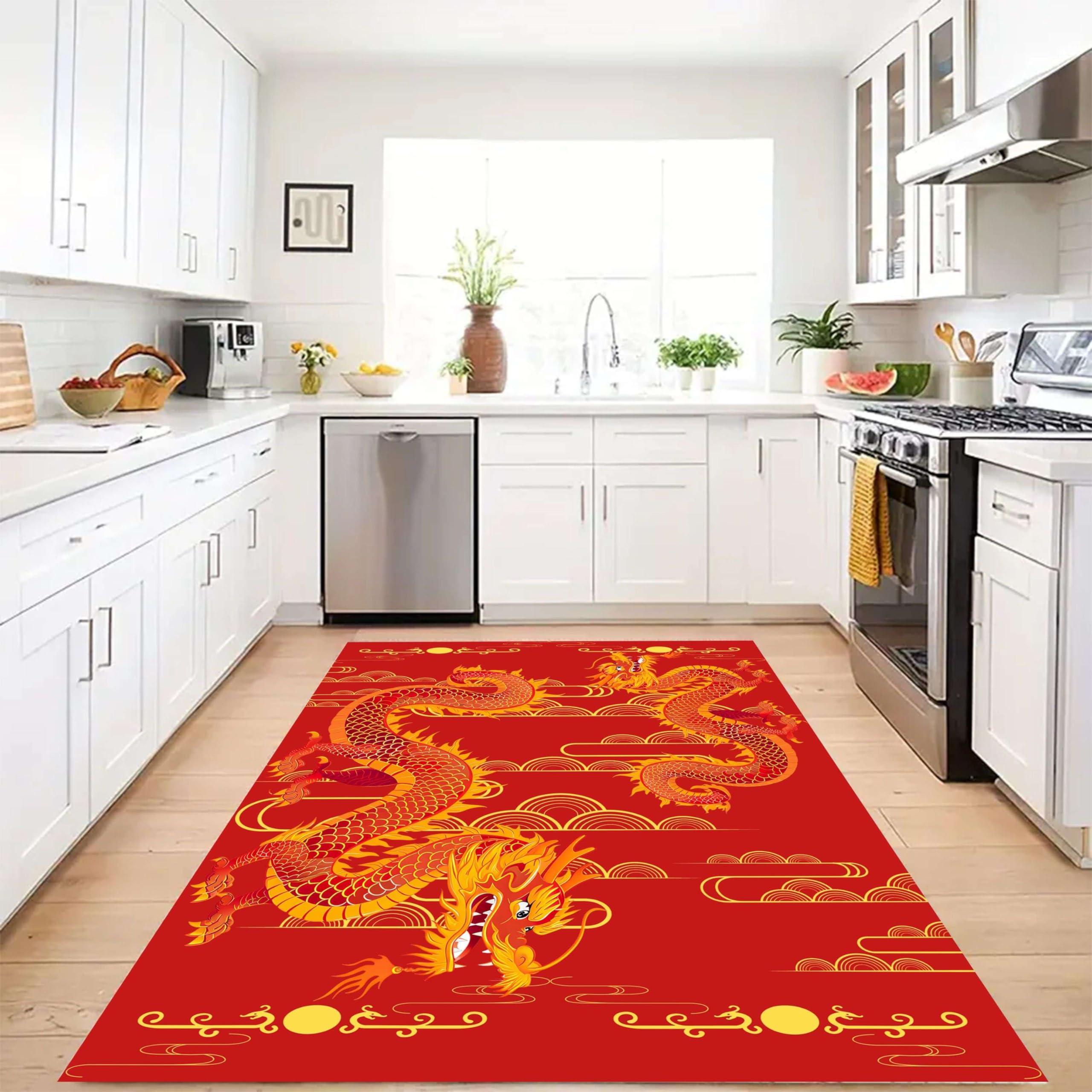 LHOMKCV LHOMKCV Chinese Dragon Area Rug, 4x6ft, Asian Style Golden Dragon Lotus Clouds Home Decor Rug, Classic Traditional Animal Floor Rugs, Non-Slip Washable Red Carpet for Living Room Bedroom Kitchen