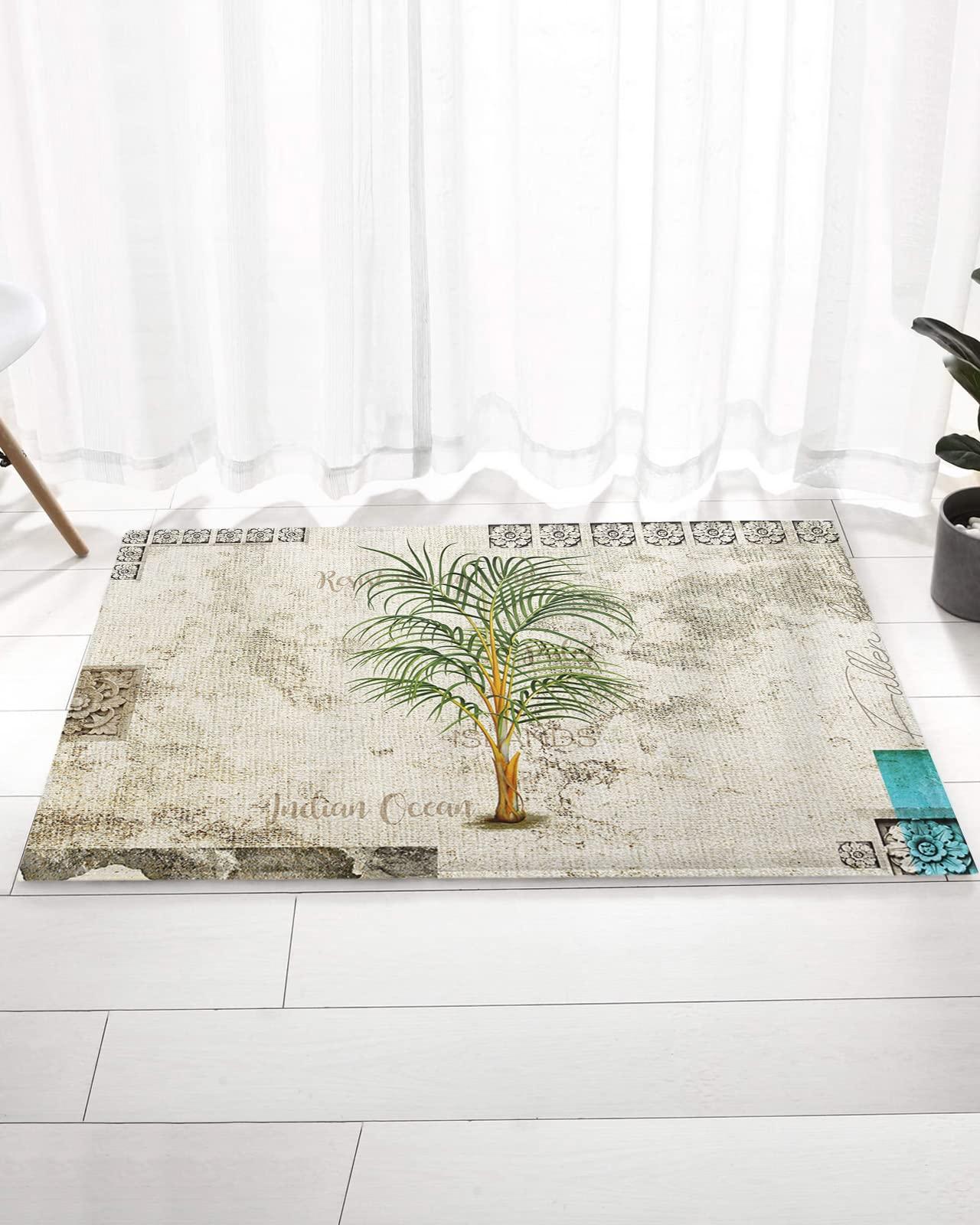 SXU Bath Mat Palm Tree Tropical Plant Stone Flower Washable Shower Rug for in Front of Bathtub Shower Room Rubber Bath Floor Rugs 16x24 Inch
