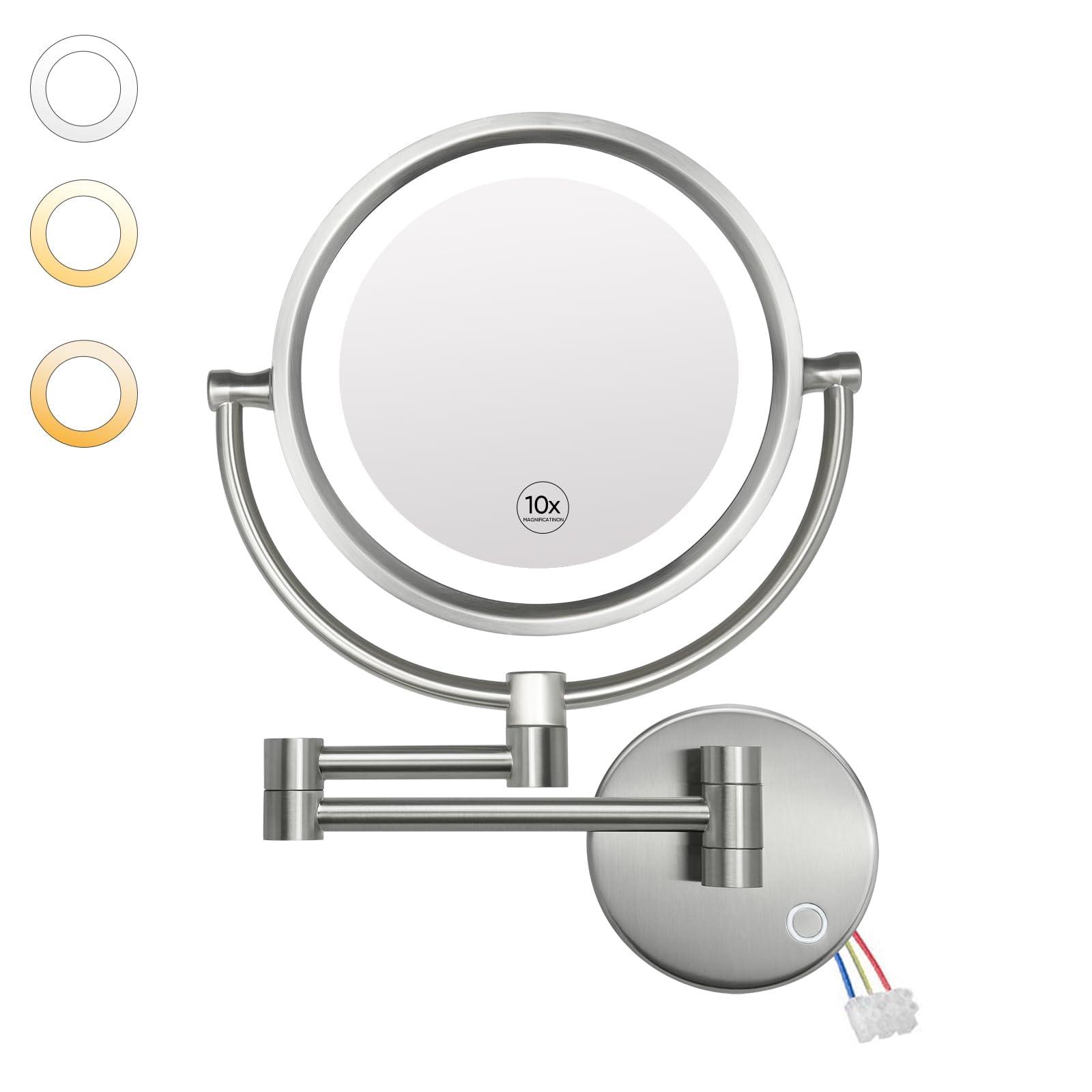 GURUN GURUN Wall Mounted Hardwired Makeup Mirror with 3 Dimmable LED Lights 10x Magnifying Mirror for Bathroom Touch Control 13\" Extendable Arm Direct Wire Brushed Nickel M1809DN (10x,Nickel)