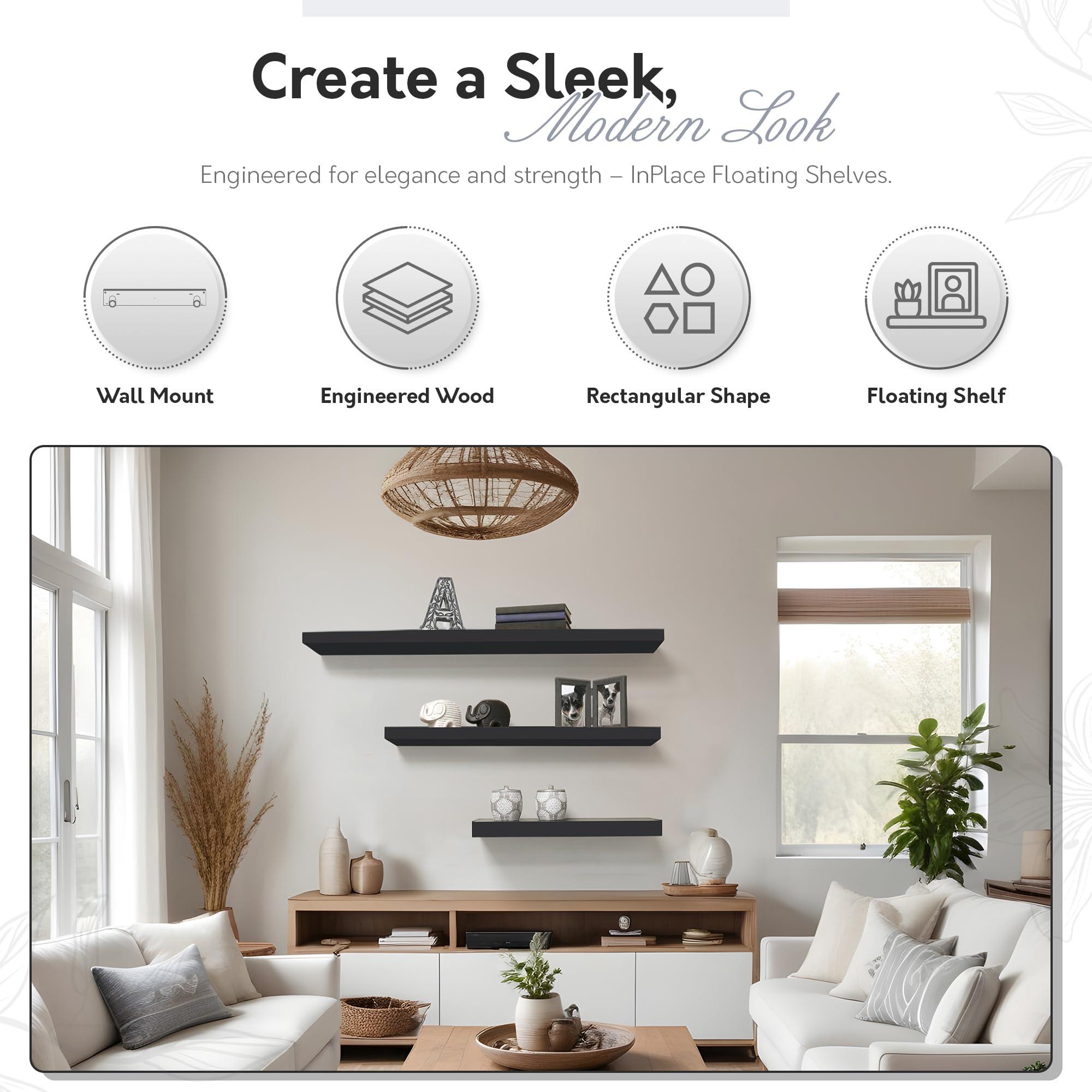 in Place InPlace Invisible Brackets Shelf with Edge - MDF Floating Shelves for Wall with EZ Anchors Included - Easy to Install Shelf for Office, Bathroom & Living Room - 8.5\"D x 60\"W x 2.75\"H, Black, 9603017E