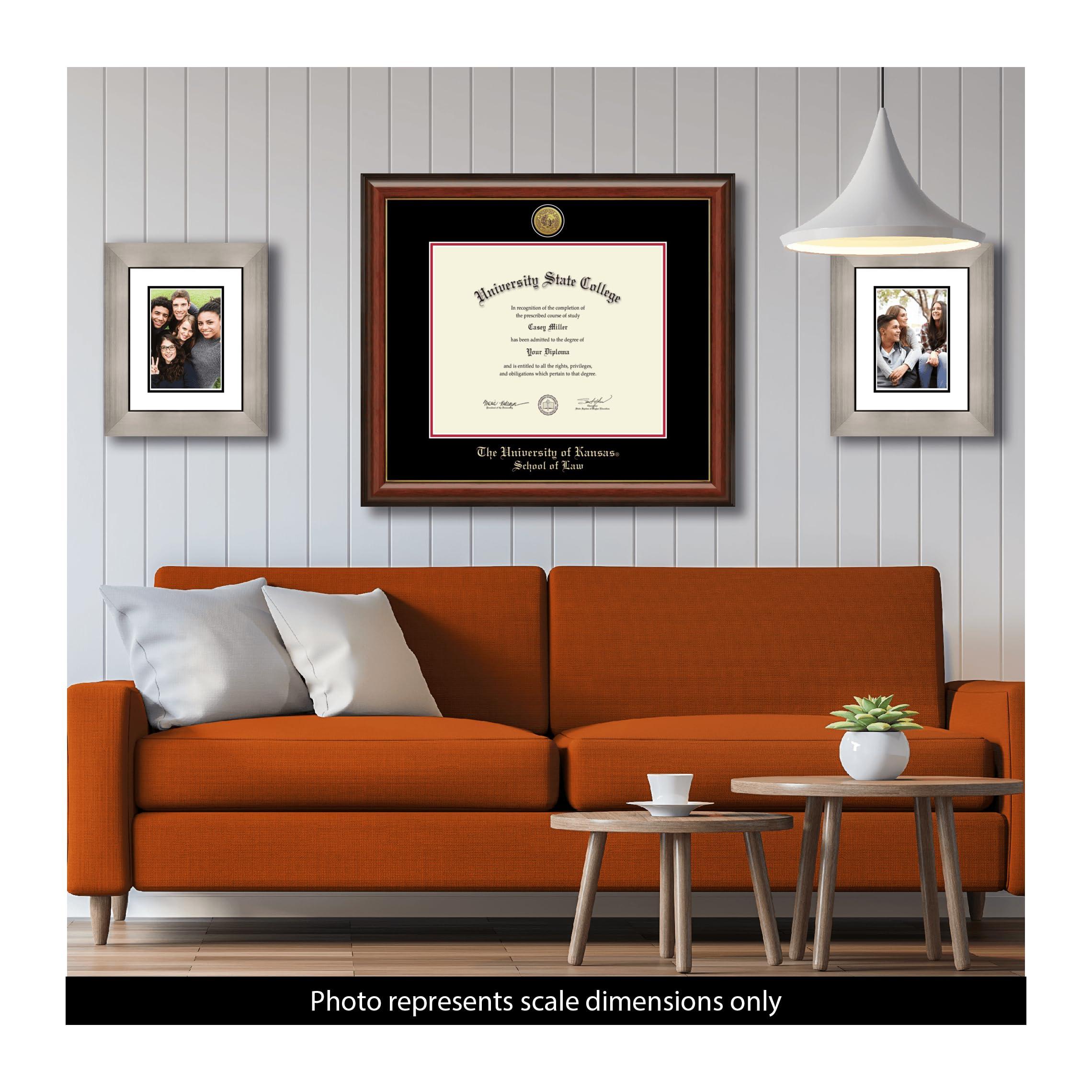 Framerly Framerly - The University of Kansas School of Law 17\" w x 14\" h Diploma Frame - Fits a phd - Gold Engraved Medallion Diploma Frame - Cherry Moulding with Black and Red Matting - Officially Licensed