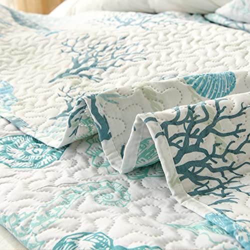 Junsey Junsey 3Pcs Ocean Theme Quilts Set Full/Queen Size Lightweight Coastal Bedding Beach Theme Bedspread Coverlet All Season Nautical Bed Sheet with 2 Pillowshams(Light Blue, Full/Queen)