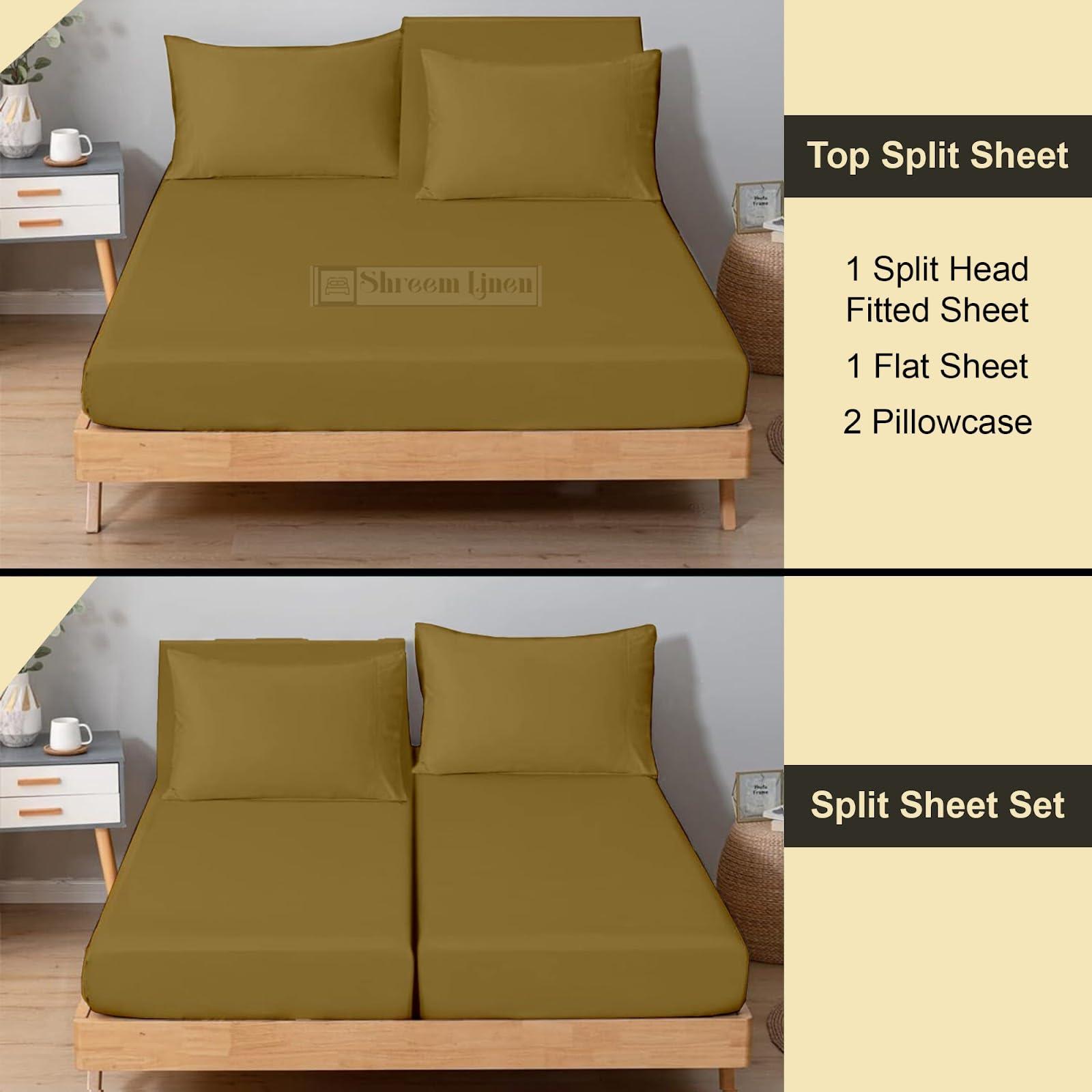 Shreem Linen Split Head Flex Cal-King Sheets for Adjustable Beds, Flex Top Cal-King Sheets for Sleep Number Bed 100% Egyptian Cotton - 4Pcs Sheet Set -28\" Top Split Sheets to fit Upto 16\" Deep (Taupe Solid)