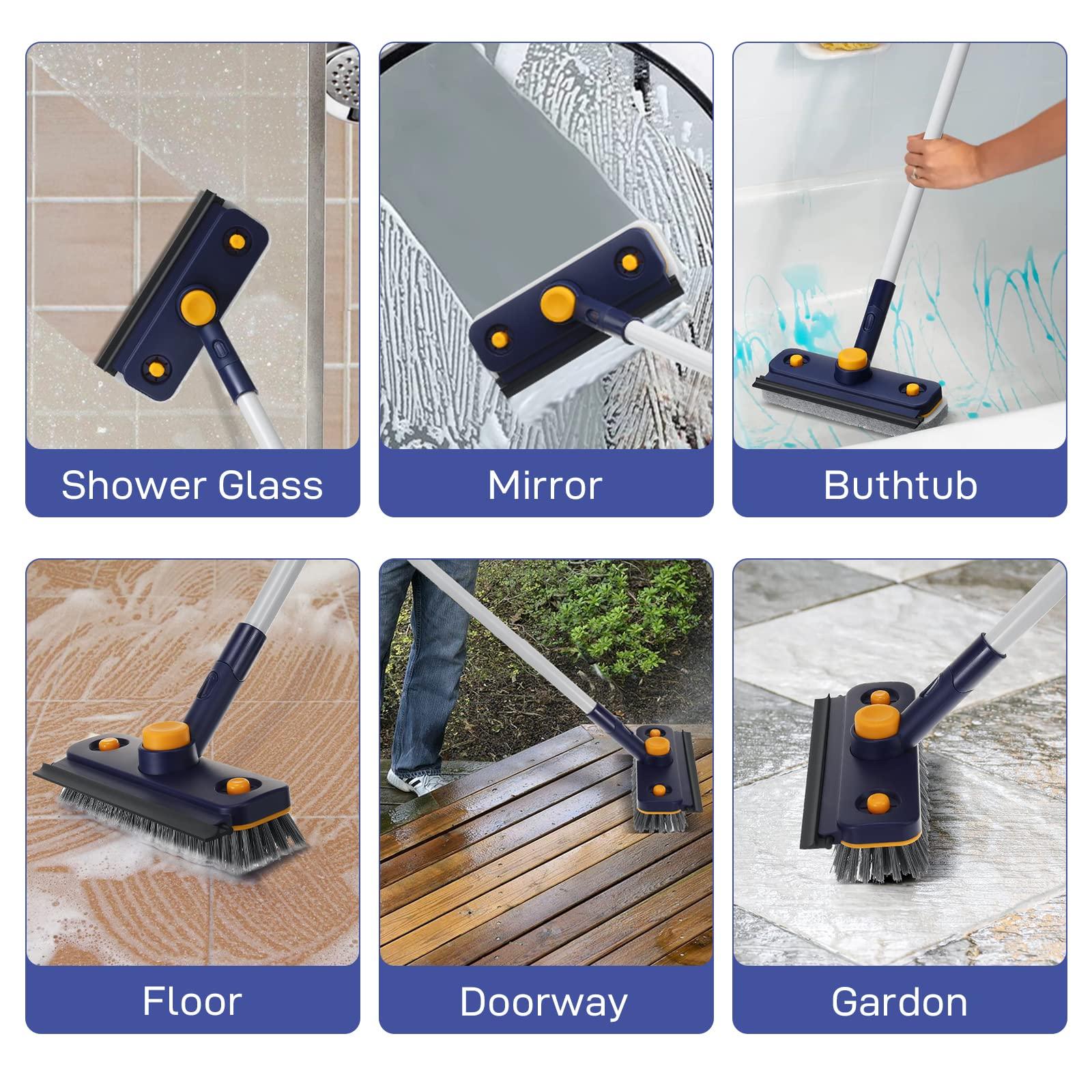 Bestnifly Floor Scrubber 3 in 1, Floor Scrub Brush with Long Handle and Squeegee, Bestnifly Stiff Bristle Shower Scrubber, Extendable Shower Cleaning Brush for Bathroom, Tile, Glass, Wall, Deck, Bathtub, Grout