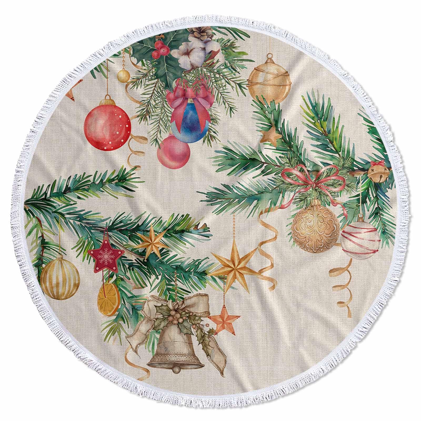 Queener Home Round Beach Towel Christmas Pine Branches Balls Bells Microfiber Beach Blanket Soft Towels Water Absorbed Bath Tapestry for Swimming Pool,Travel,Picnic,Yoga 59\" Xmas Celebration on Burlap