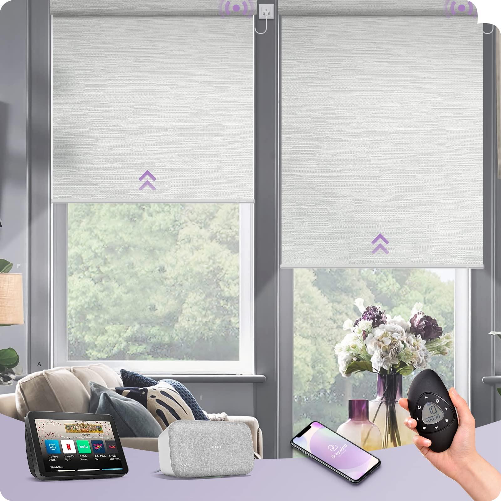 Graywind Graywind Motorized Shades 100% Blackout Compatible with Alexa Google WiFi Hardwired Smart Roller Shade Remote Control Automated Blinds, Customized Size (Jacquard White)