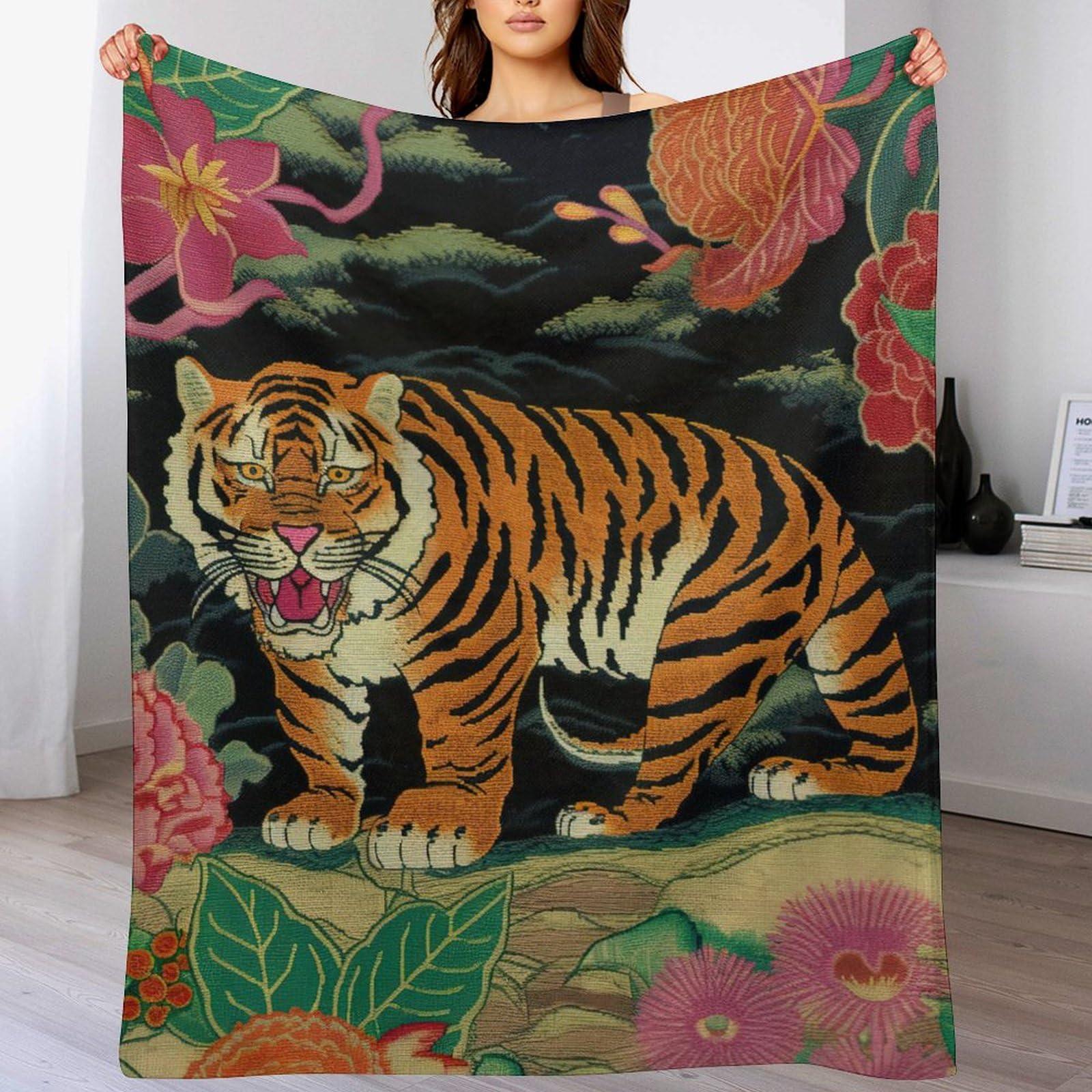 MangGou MangGou Oriental Toile Chinoiserie Flannel Blanket Animal Tiger Stripe Pink Floral Throw Blankets Colorful Flower Animal Print Tiger Throw Blanket for Bed Home Decoraive Warm Blankets 40x50in