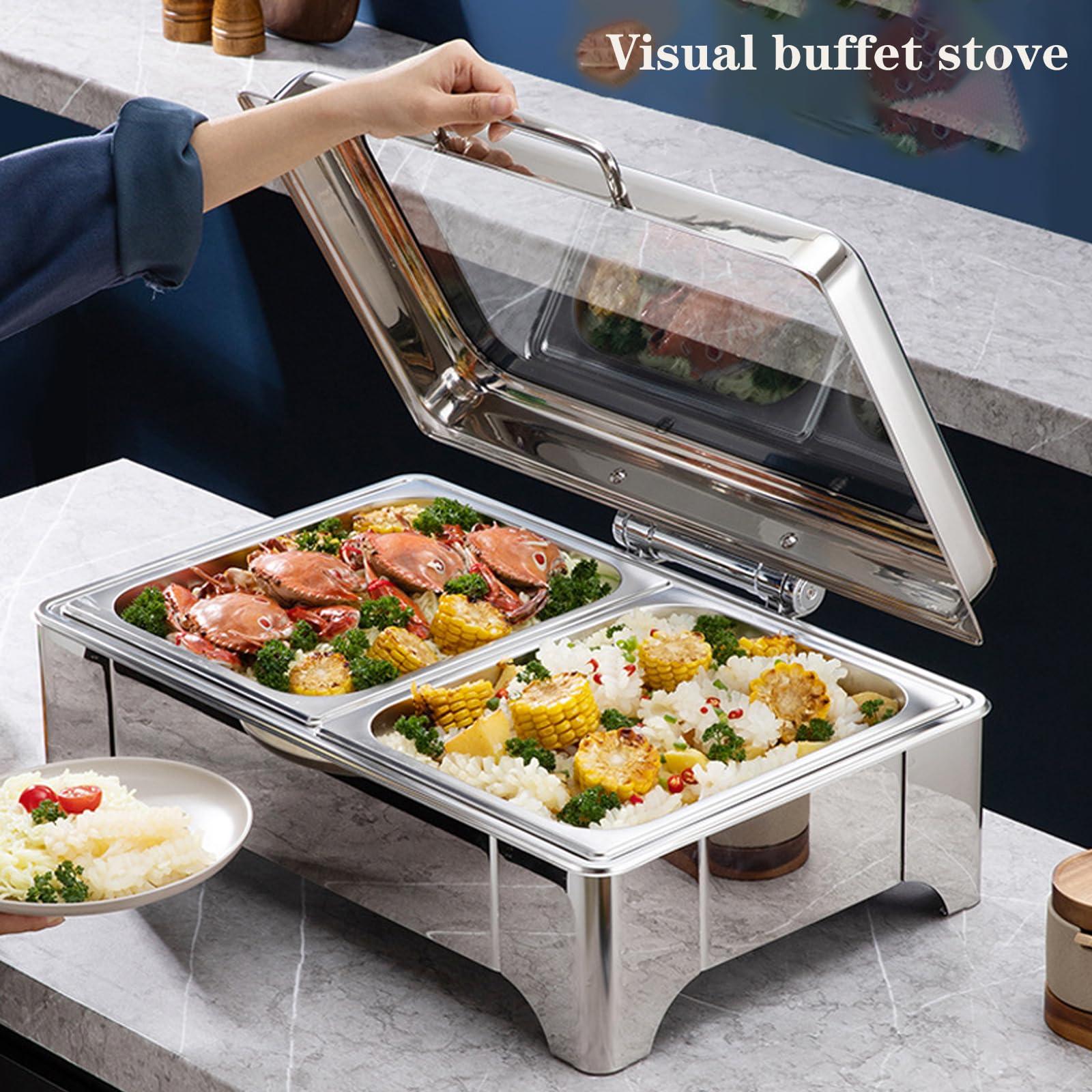 YOtat Chafing Dish Buffet Set,Stainless Steel Catering Serve Chafer,Restaurant Food Warmer, Rectangular Buffet Stove Food Pans and Foldable Frame for Party (A Double Grid)