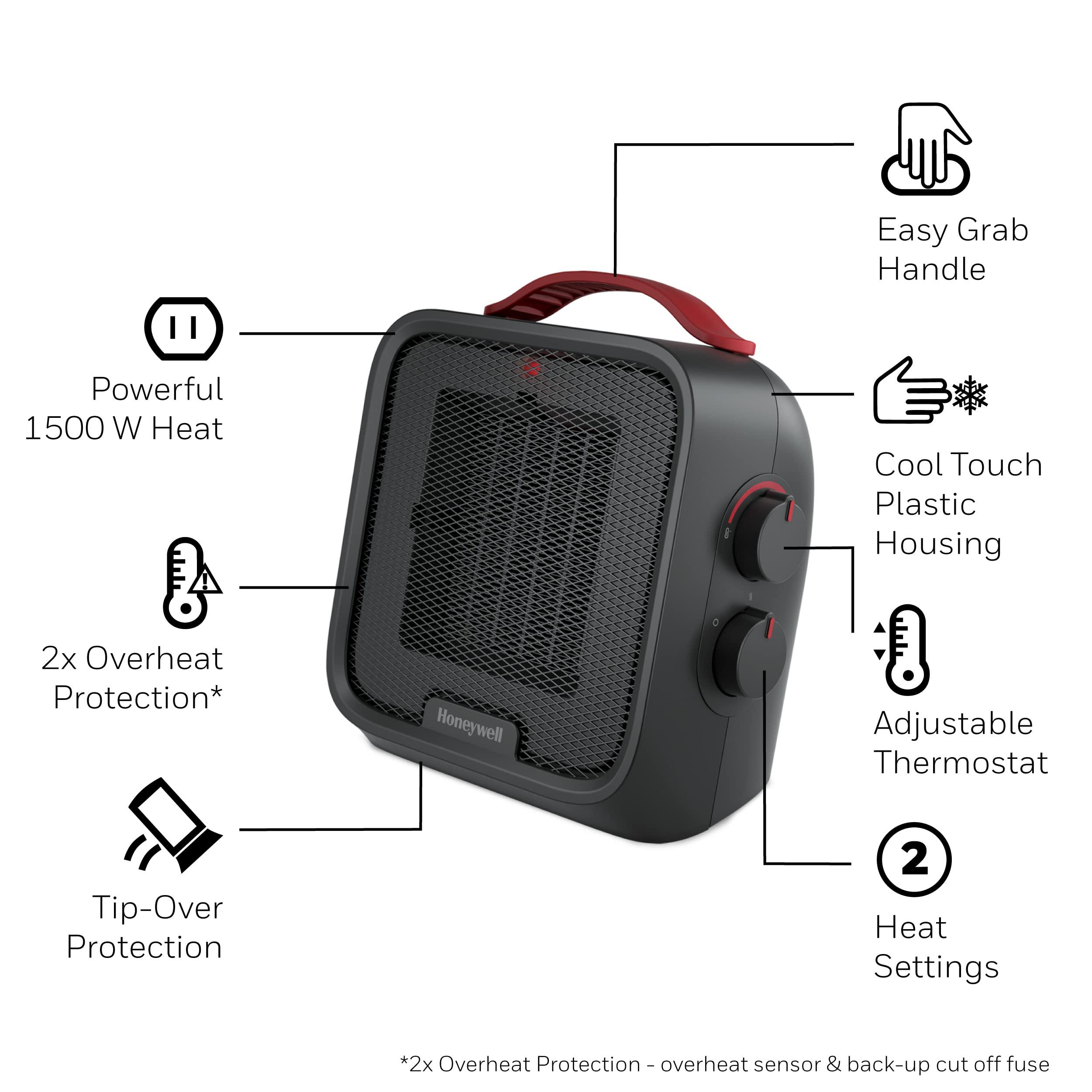 Honeywell Honeywell UberHeat 5 Portable Ceramic 1500W Space Heater. Indoor space heater for Small Rooms, Bedrooms, and Homes. Fast Heating with Tip-over Protection - Black, HEC210B