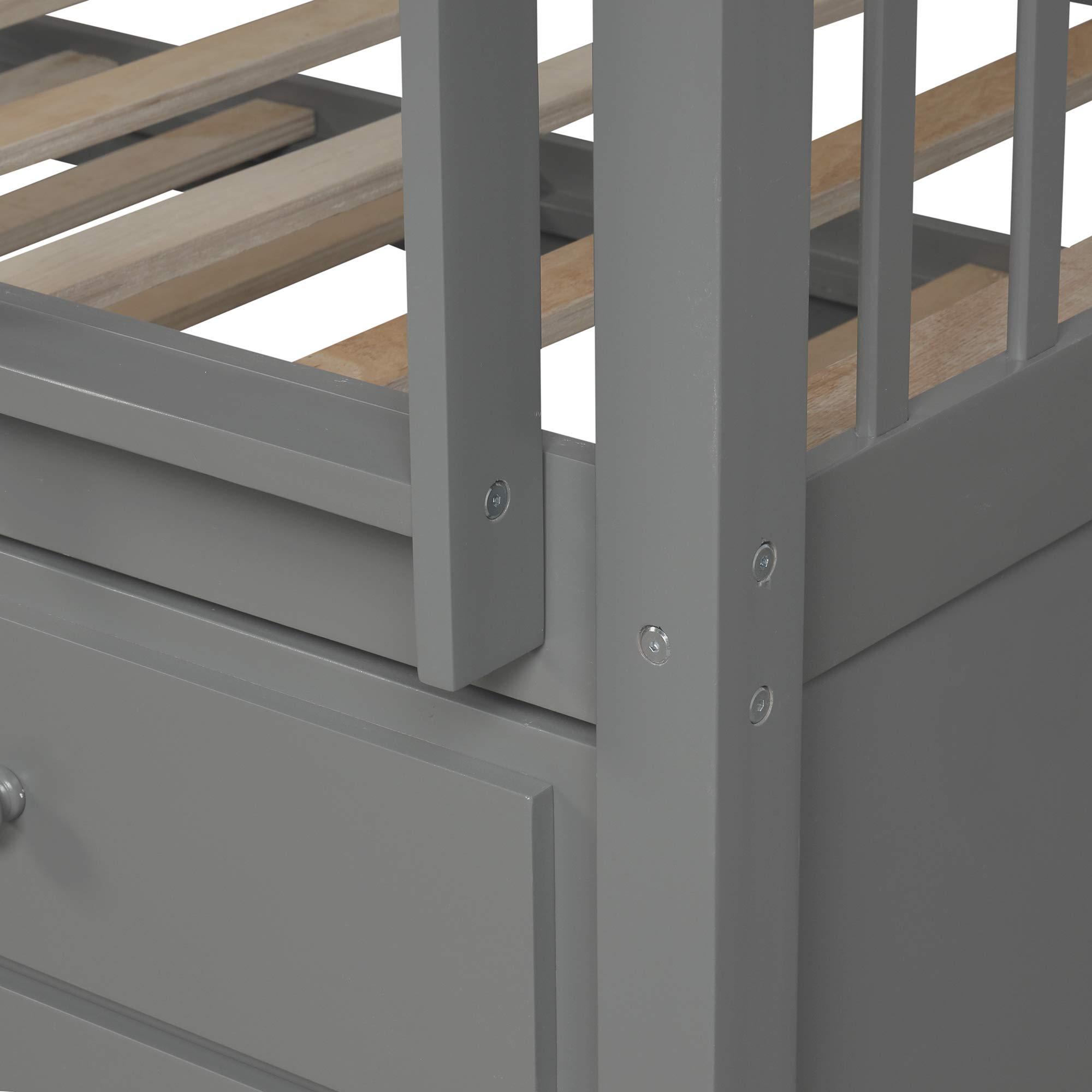 XD Designs XD Designs Twin Over Twin Bunk Bed with Trundle Bed and 3 Storage Drawers, Solid Wood Bed Frame with Ladder/Safety Rail for Kids, Teens Bedroom (Grey)