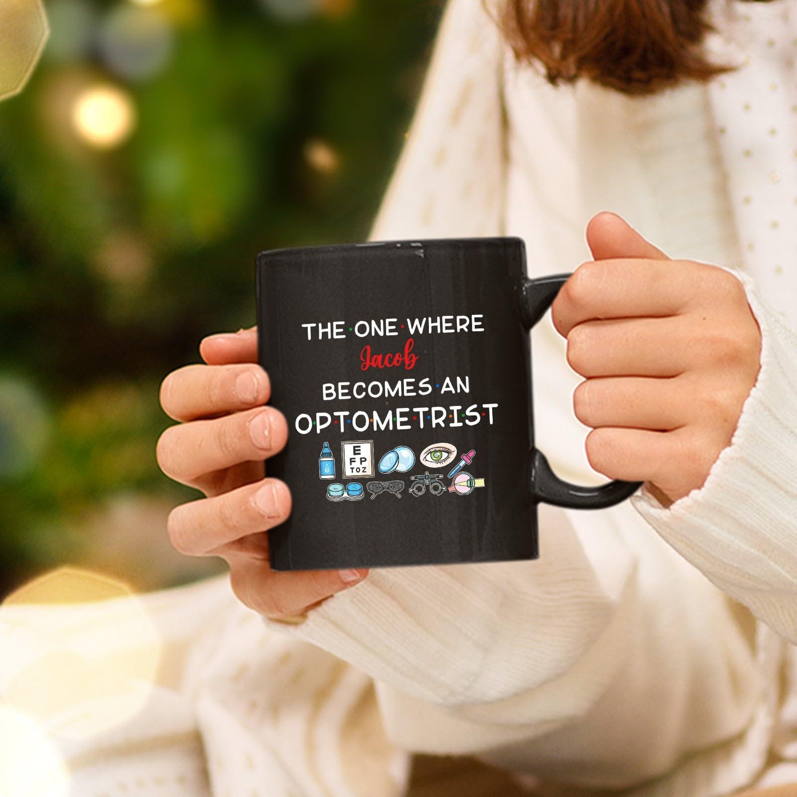 CrazyPrintGifts Customized Optometry Graduation Coffee Mug, Custom Name Optometrist Coffee Cup, The One Where Becomes An Optometrist Tea Mug, Personalized Eye Doctor Ceramic Cup Gifts, Black Cup 11oz or 15oz