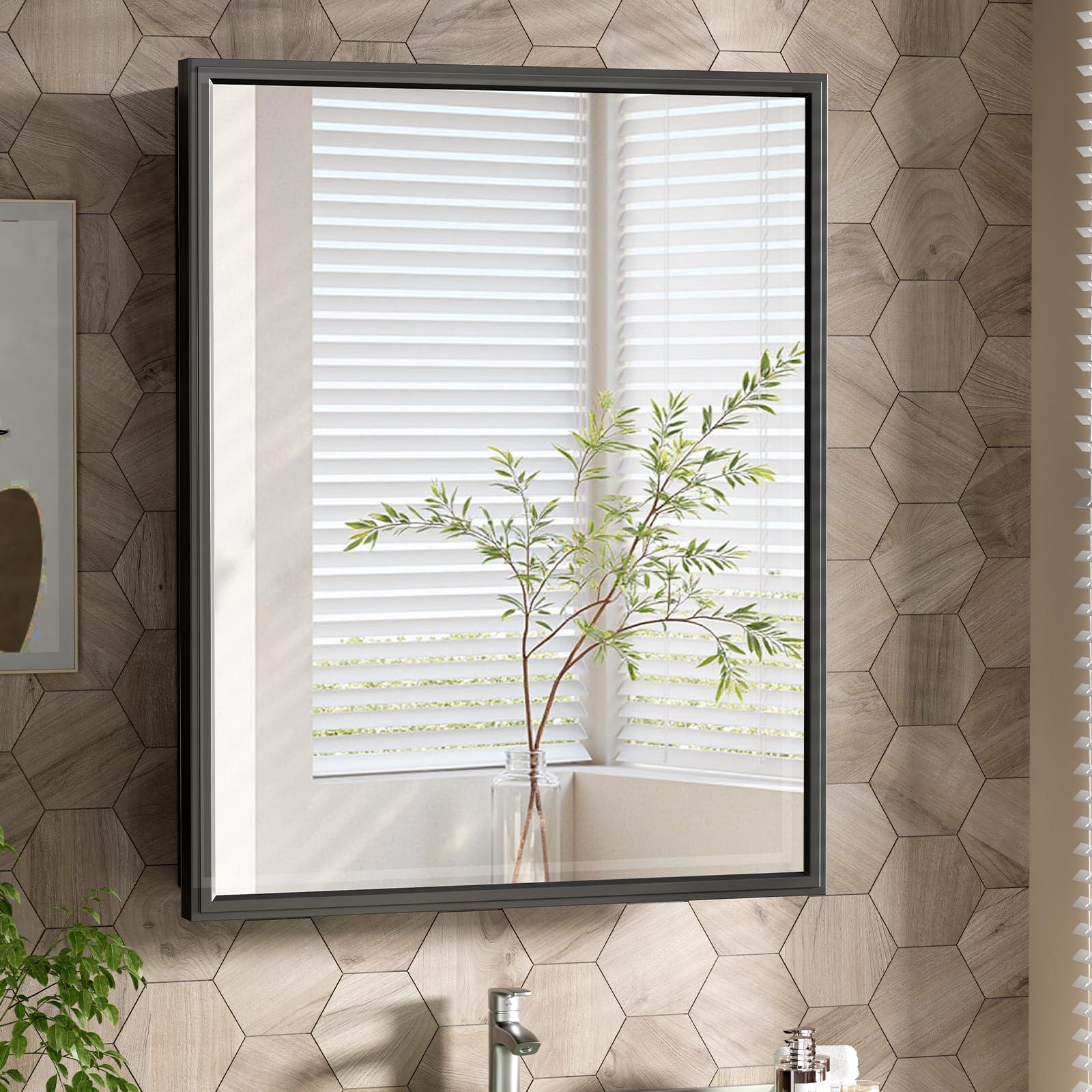 BOHMIROO BOHMIROO 24x30 Inch Medicine Cabinet Mirror Black Bathroom Medicine Cabinet with Vanity Mirror Recessed Medicine Cabinet Surface Mount Matte Aluminum Alloy Framed Vanity Mirror with Storage Cabinet