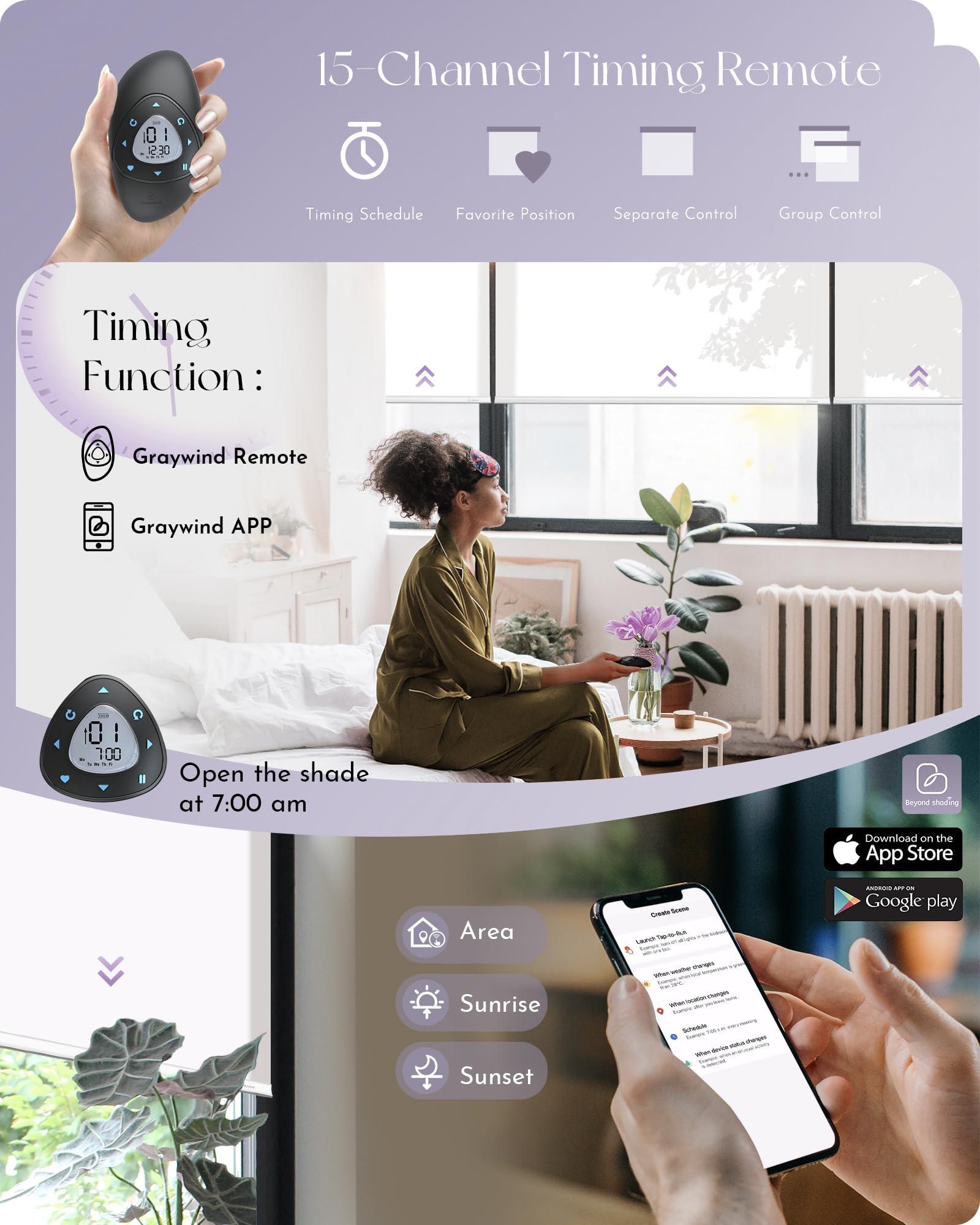 Graywind Graywind Motorized Light Filtering Shades Compatible with Alexa Google Rechargeable Remote Control Smart Blinds Automatic Window Shade with Valance for Home Office, Custom Size (Jacquard Grey)